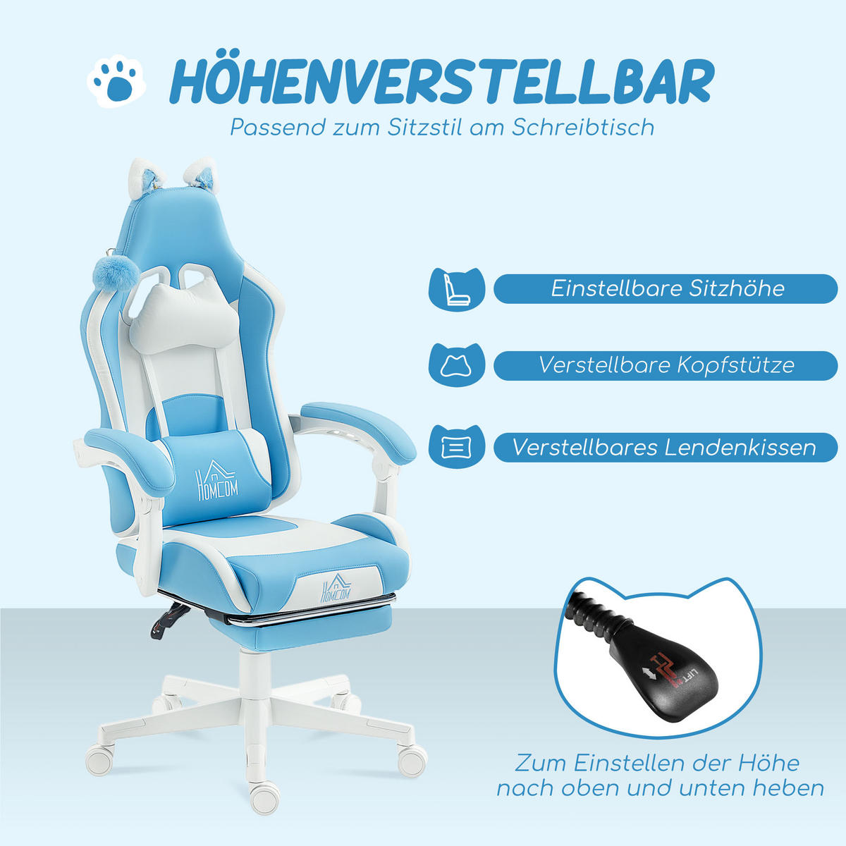 HERNÍ židle ze světle modré umělé kůže - bílá/modrá, plast (62/124/65cm) - HOMCOM