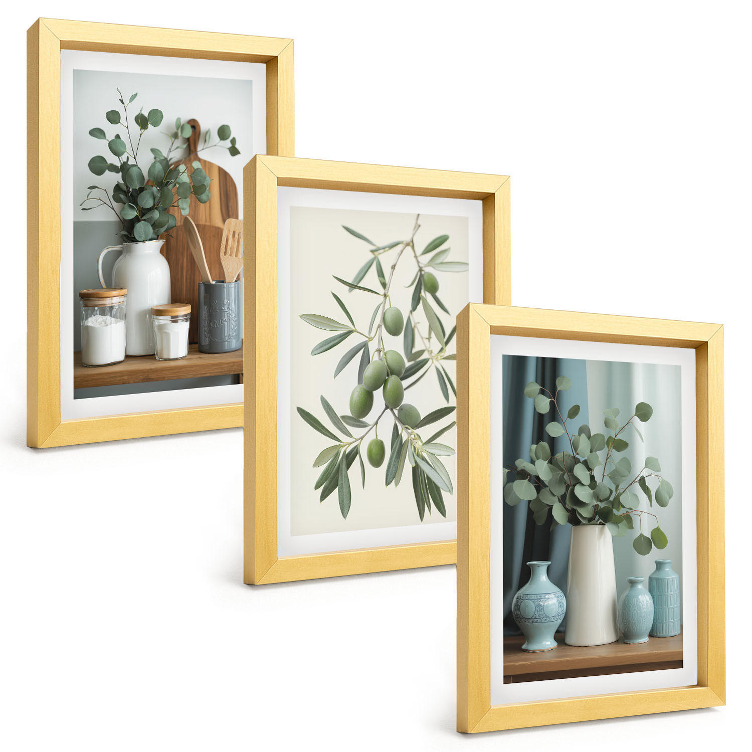 BILDER SET 3er Set - 20x30 cm Goldrahmen - Grüne Oliven, Eukalyptus - Goldfarben, Kunststoff (20/30cm) - TULUP
