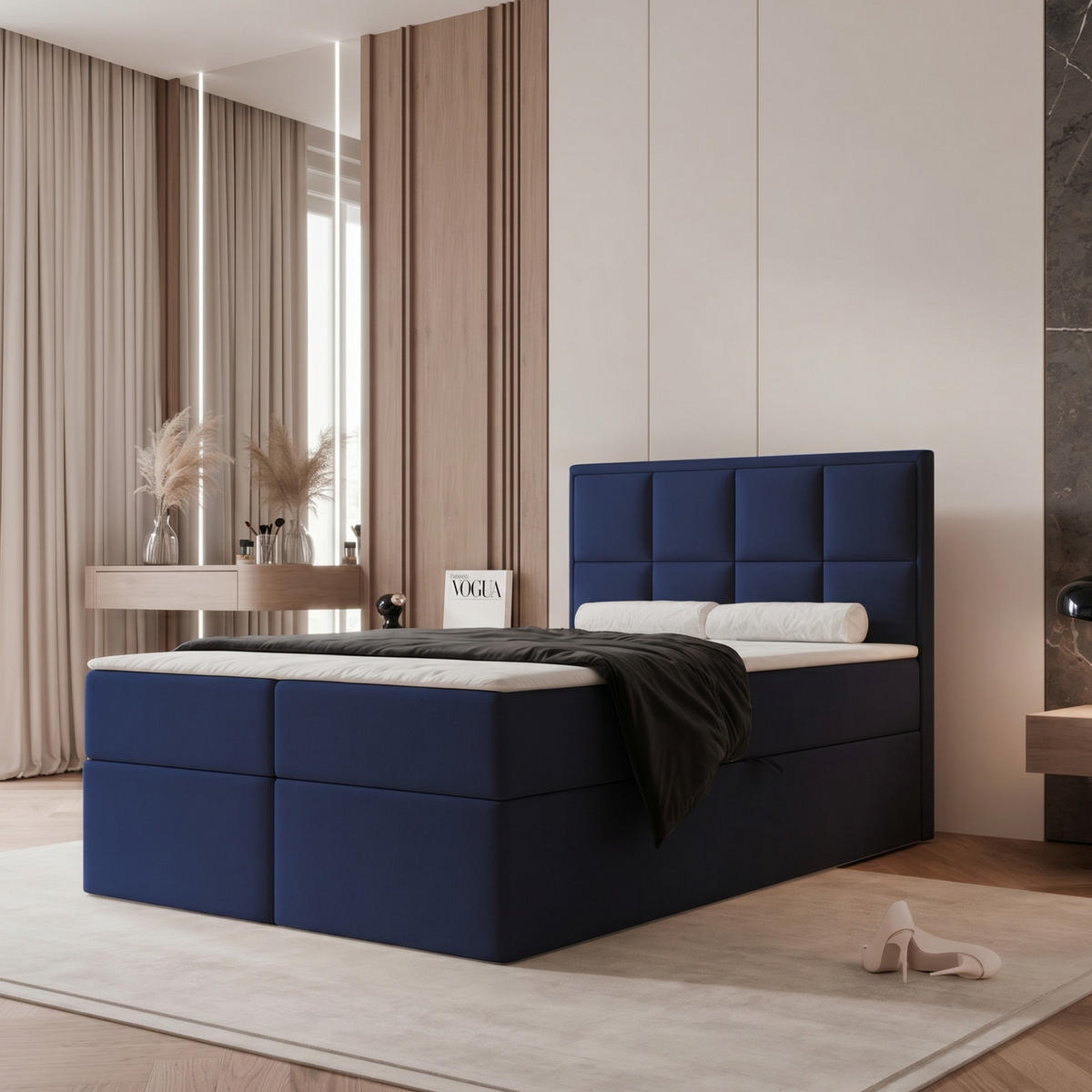 BOXBETT TIOLI 120x200 cm Marineblau (Stoff Magic Velvet) - mit Bettkasten, Bonellmatratze und Paneel-Kopfteil - Dunkelblau, Holzwerkstoff/Textil (120/200cm) - Ravio
