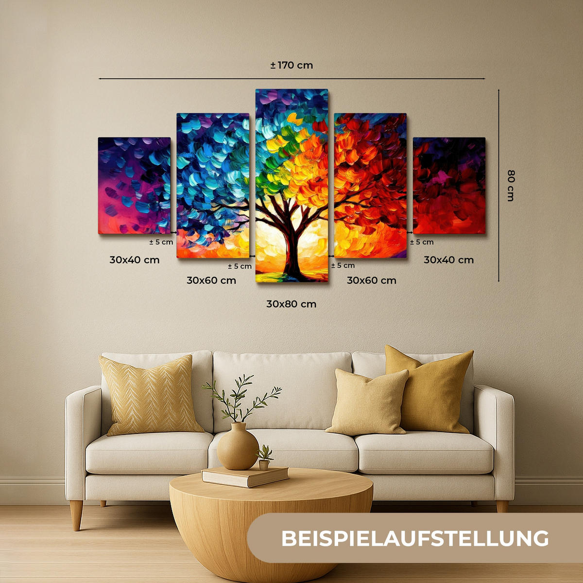 LEINWANDBILD 5er Set Baum - Farbenfroh - Malerei-Look - Abstrakt 150x80 cm - Multicolor, Textil (150/80cm) - MuchoWow
