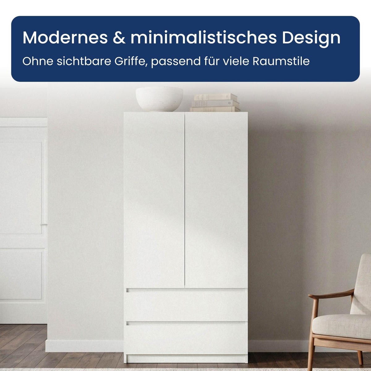 KLEIDERSCHRANK mit 2 Türen und Schubladen in Weiß - Weiß, Holzwerkstoff (90/180/50cm) - Home Collective