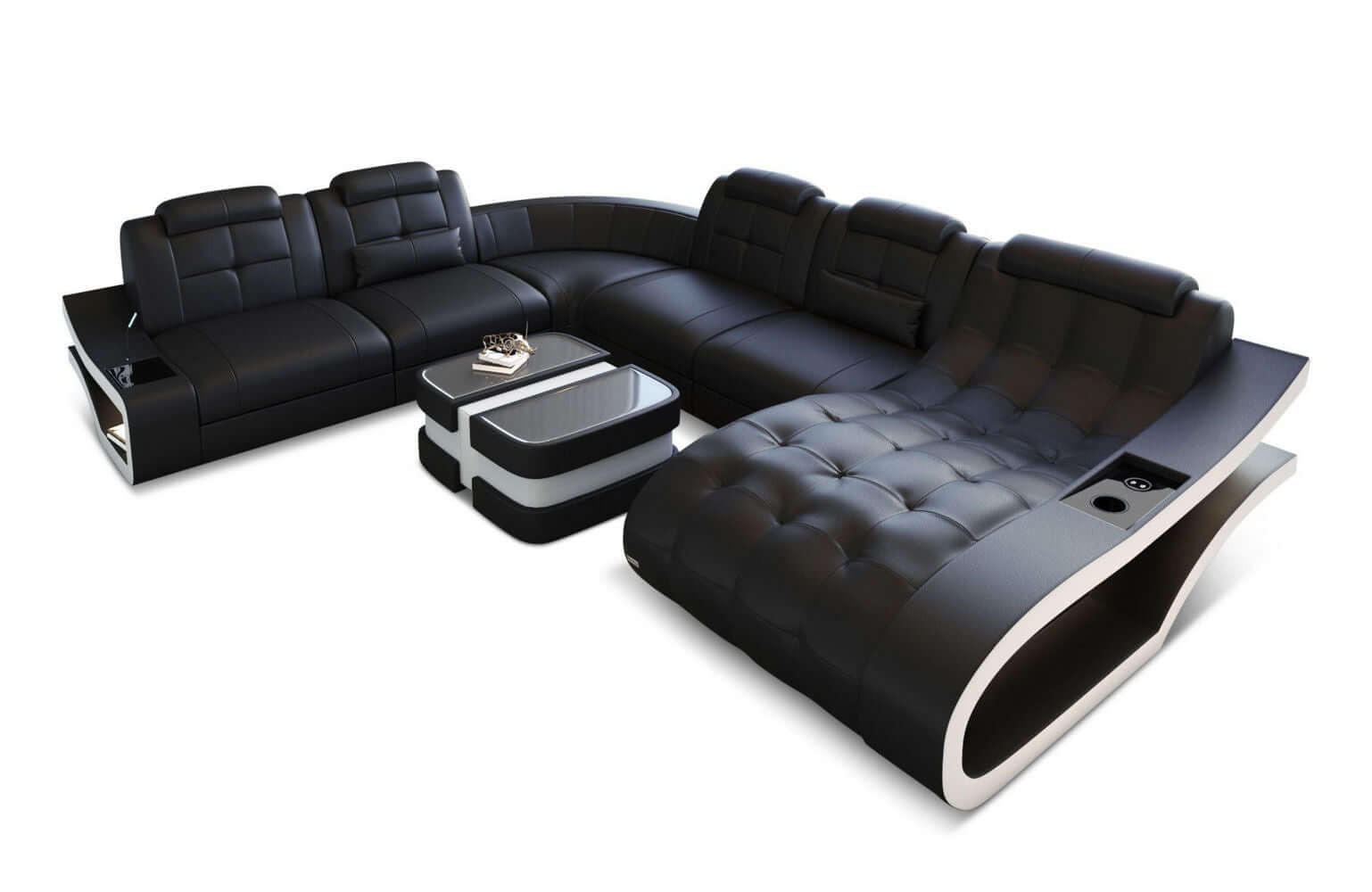 WOHNLANDSCHAFT Elegante Schwarz Weiß Büffelleder - Schwarz, Leder (379/91/283cm)