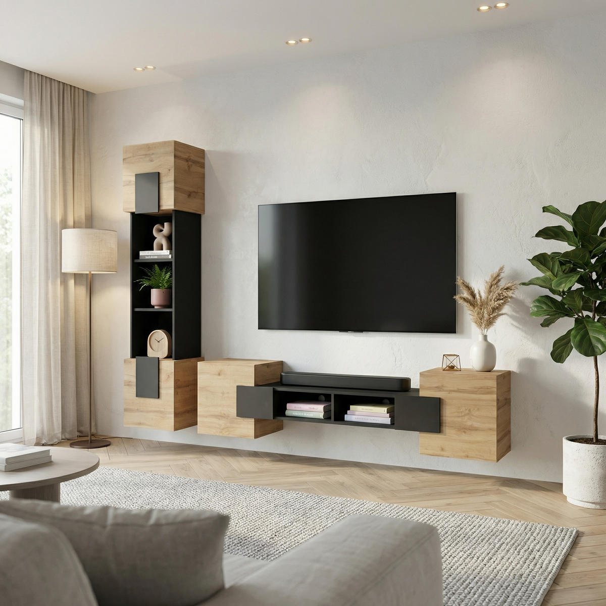 WOHNWAND TORINO Hängend + Stehend, 2-er Set, Mattes Finish, Schwarz + + Eiche Wotan - Eiche Wotan/Schwarz, Holzwerkstoff/Kunststoff (220/172/35cm) - Komodee
