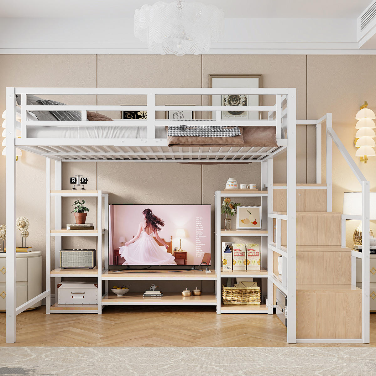 HOCHBETT 140/200 cm DE-01466, in Weiß, mit TV-Ständer, Steckdose und Sicherheitsleiter - Weiß/Naturfarben, Metall (140/200cm) - ComfortXL