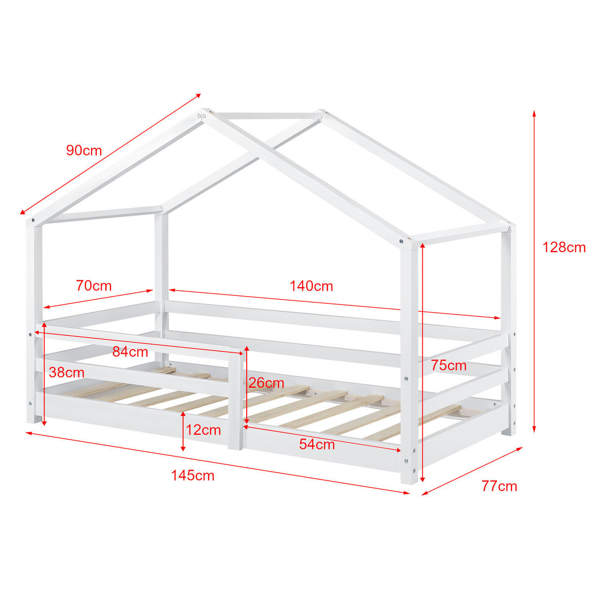 HAUSBETT Knätten - Weiß, Holz (70/140cm) - [en.casa]