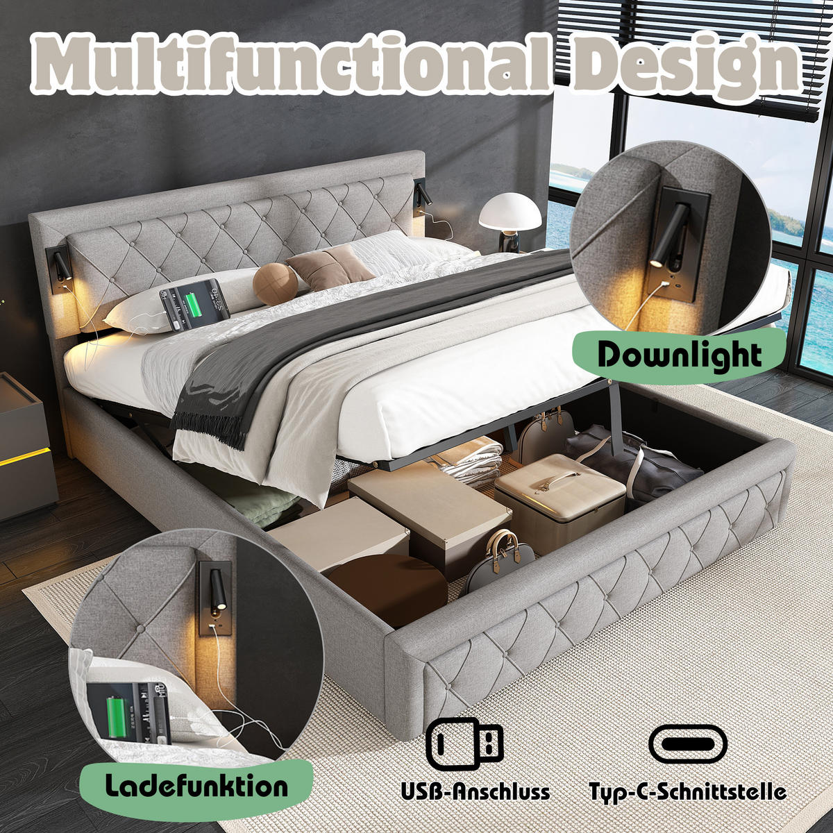 POLSTERBETT 180/200 cm Grau mit Downlight und USB-Schnittstelle - Grau, Textil (180/200cm) - Oxeza