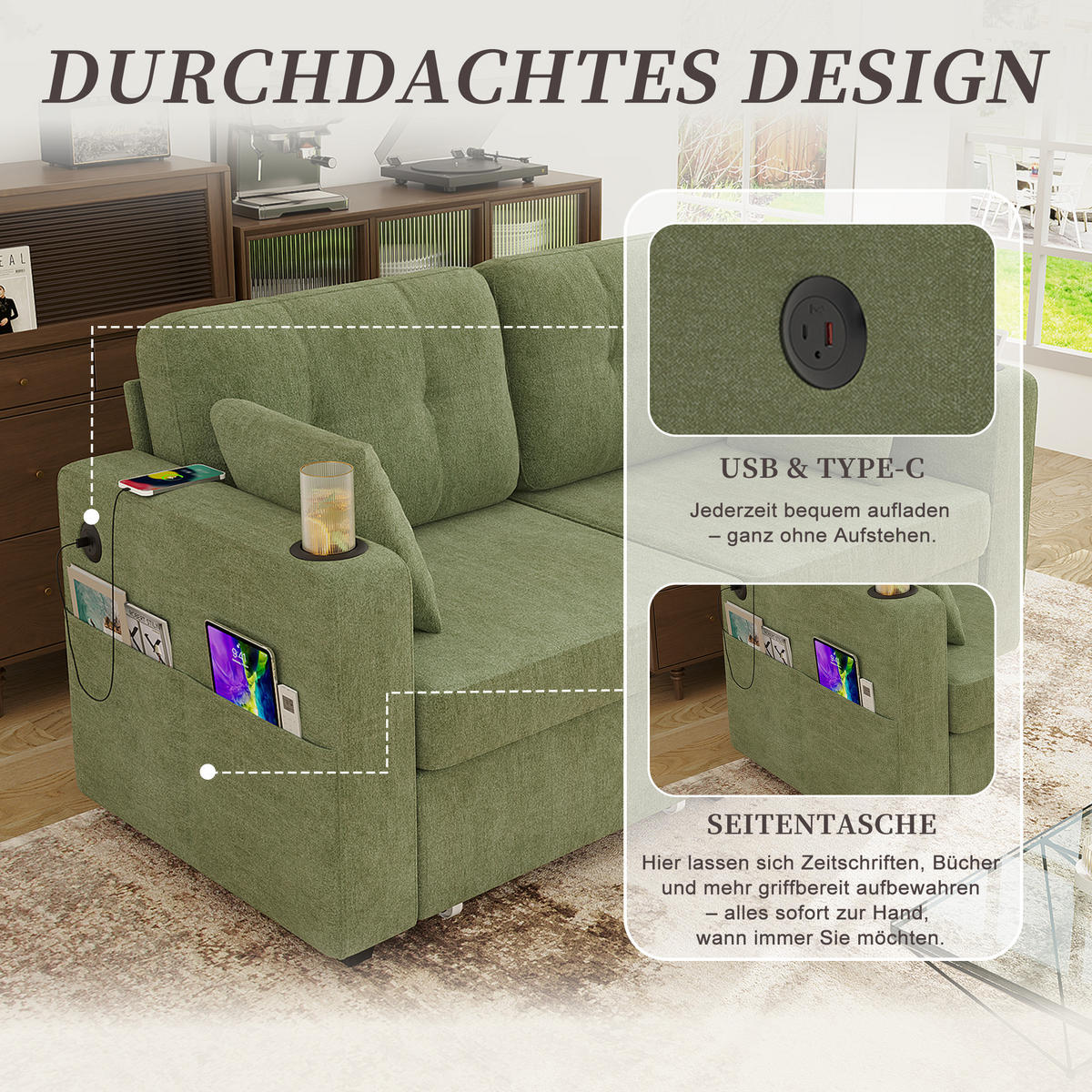 2-SITZER SOFA Chenille Olive mit USB und Stauraumschubladen - Olivgrün, Textil/Metall (172/82/75cm) - WISHDOR