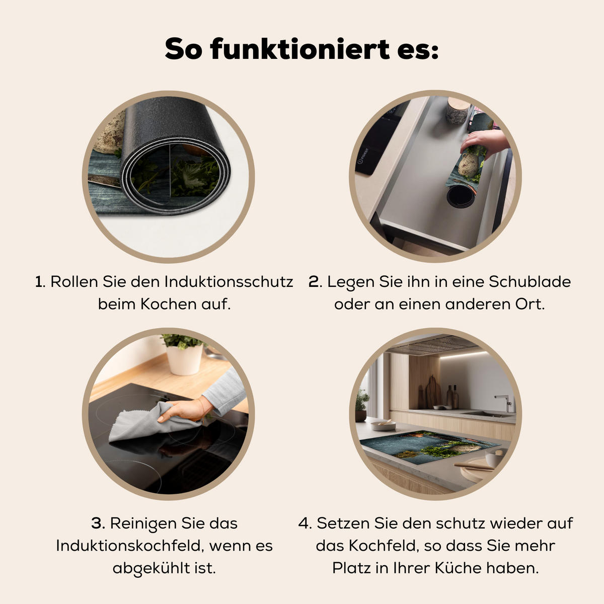 HERDABDECKPLATTE Kräuter - Gewürze - Pfanne - Messer - Grau - Rustikal Induktionsmatte 77x59 cm - Petrol, Kunststoff (77/59/0.2cm) - MuchoWow