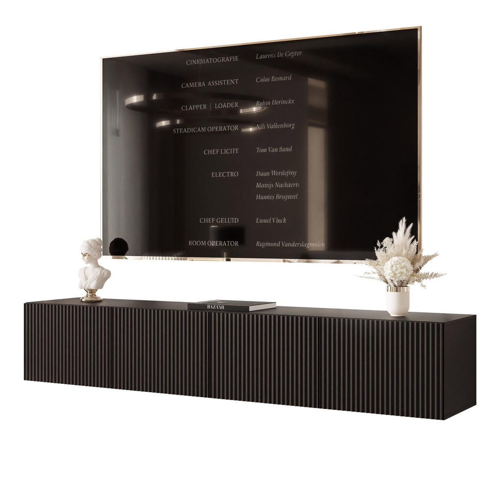 Idohome ZÁVĚSNÁ RTV skříňka ANGEL RÝHOVANÁ 200 cm s LED osvětlením ČERNÁ