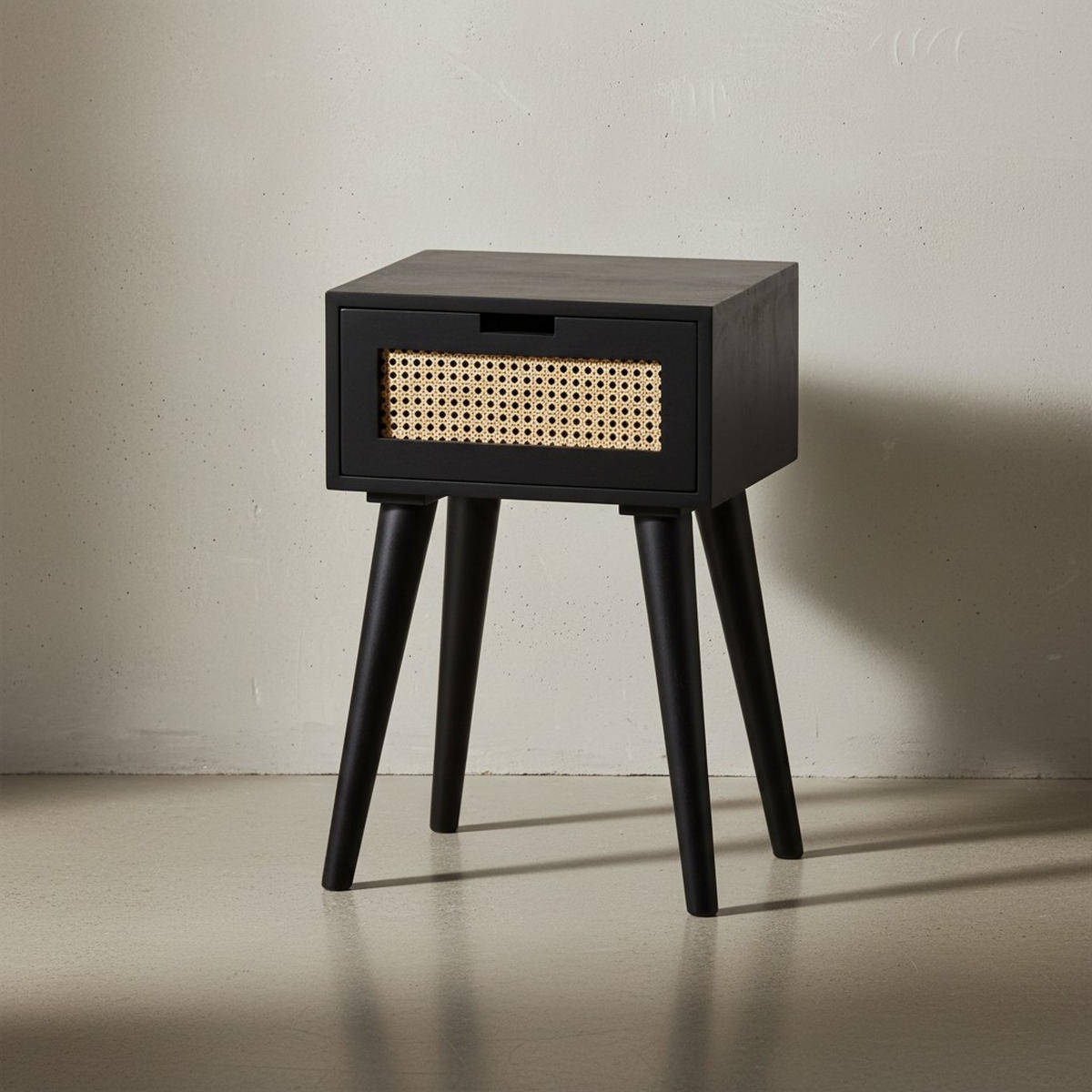 NACHTTISCH – Mango Massivholz/Rattan, 40x60x30 cm, Schwarz, 1 Schublade, Wiener Geflecht - Schwarz, Holz (40/60/30cm) - KADIMA DESIGN