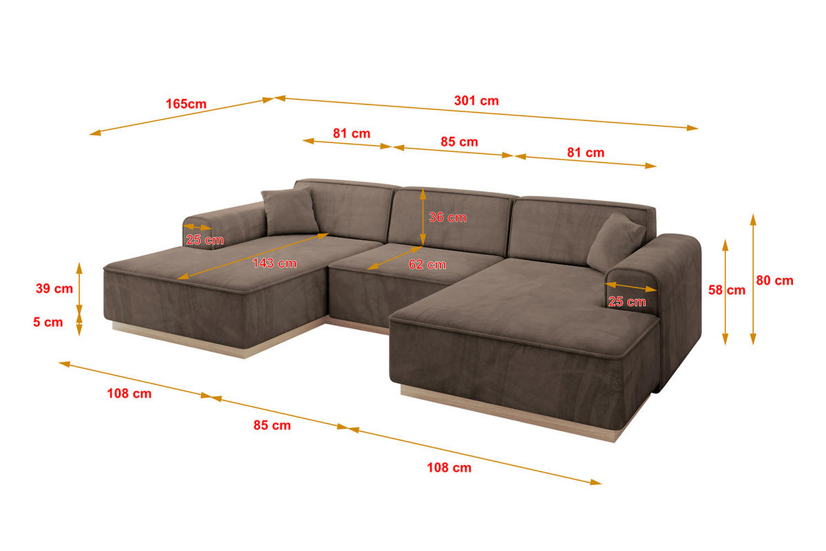 WOHNLANDSCHAFT IREA-U1 - 301x165x80 cm Braun - Braun, Holzwerkstoff/Textil (301/80/165cm) - ALTDECOR