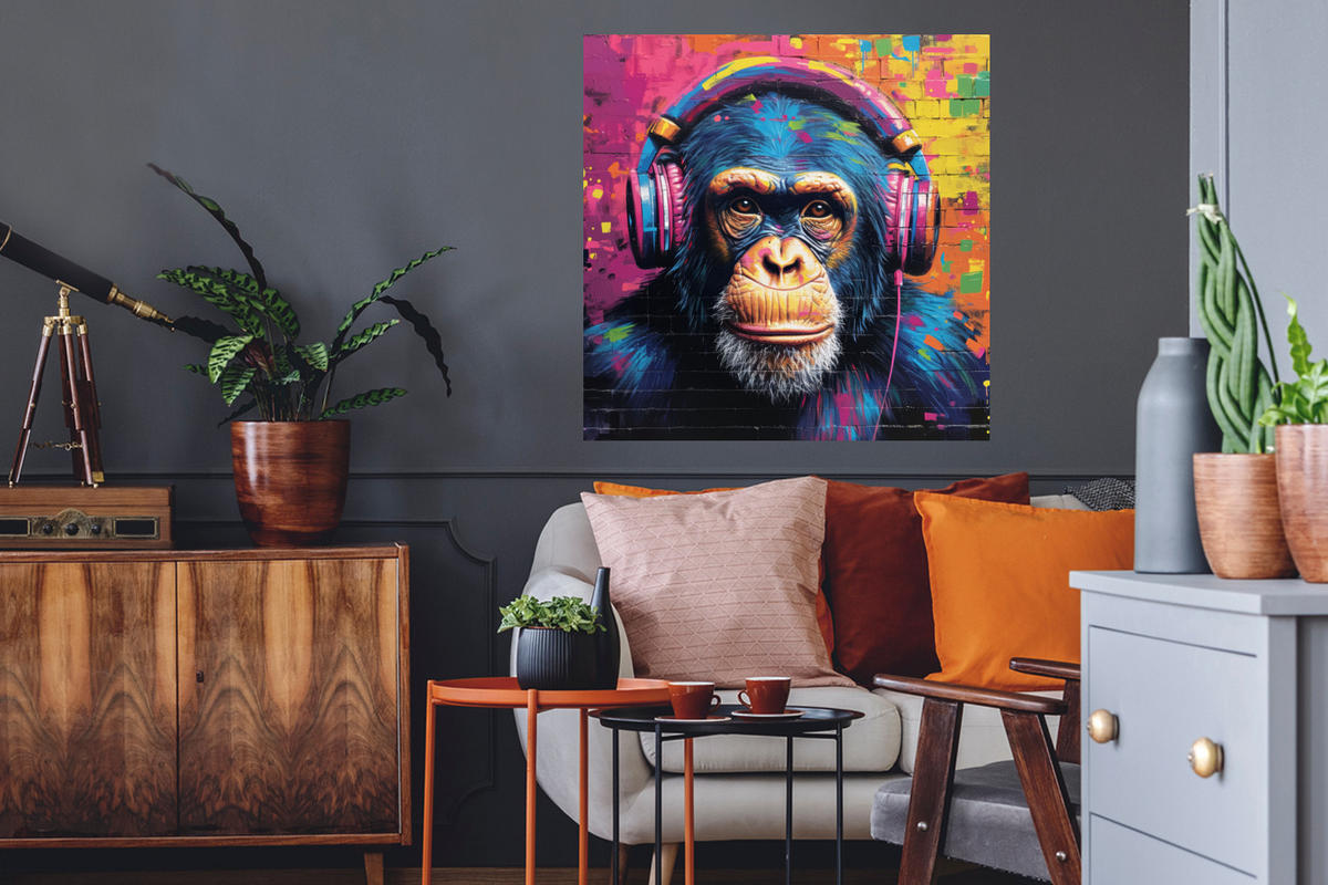 WANDTATTOO Graffiti - Schimpanse - Straßenkunst - Kopfhörer - Affe 50x50 cm - Blau, Kunststoff (50/50/0.1cm) - MuchoWow