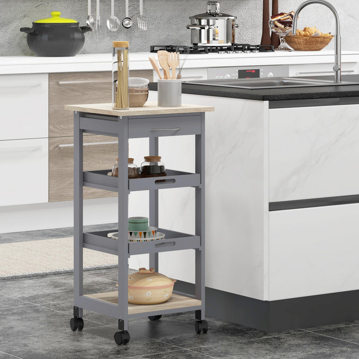 SERVIERWAGEN DE-17079 Hell-Eiche & Grau - Grau, Holzwerkstoff (37/76/37cm) - ComfortXL