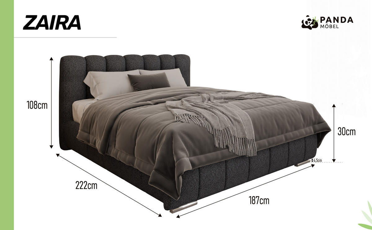 POLSTERBETT Zaira 160x200cm – Elegantes Polsterbett für modernen Wohnstil , ZONIERTE MULTI-TASCHEN-FEDERKERN (24cm), Graphitfarben - Graphitfarben, Holz - Panda Möbel