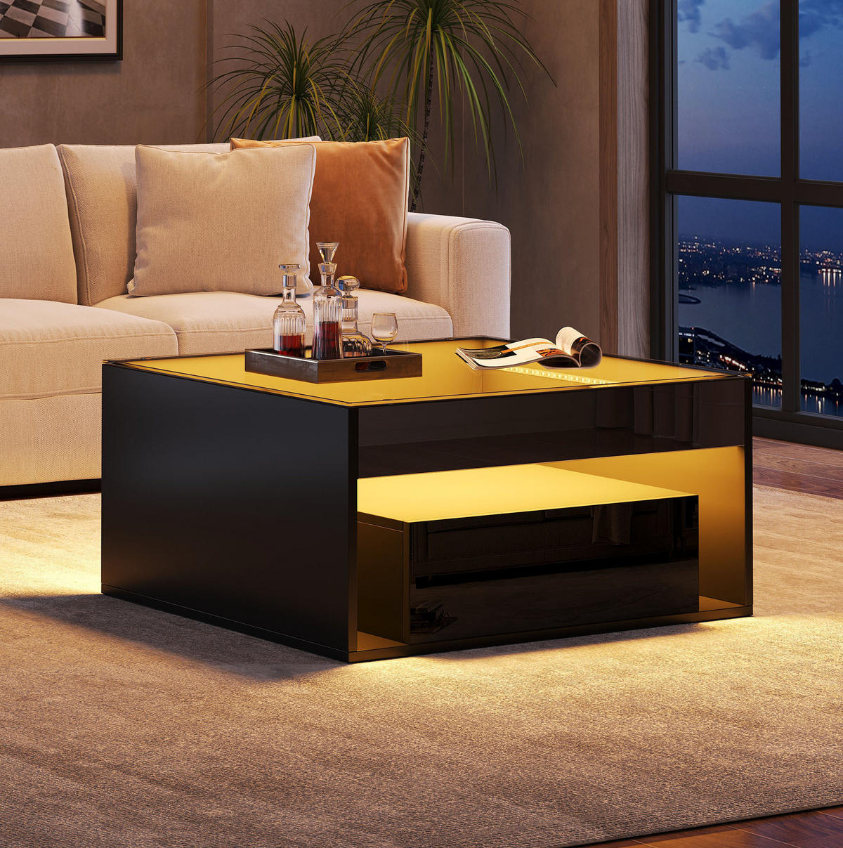 COUCHTISCH 70/70/35 cm mit LED-Beleuchtung und 2 Schubladen in Schwarz - Schwarz, Holzwerkstoff (70/70/35cm) - Flora Grace