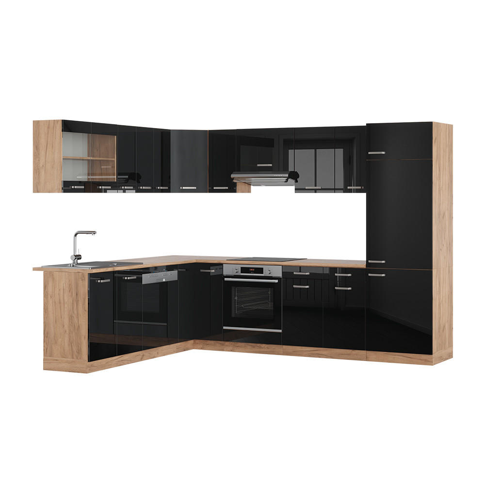 ECKKÜCHE R-Line Schwarz Hochglanz/Goldkraft Eiche 227 x 287 cm AP Eiche - Schwarz Hochglanz/Eiche Wotan, Holzwerkstoff (287/81.6/60cm) - Vicco