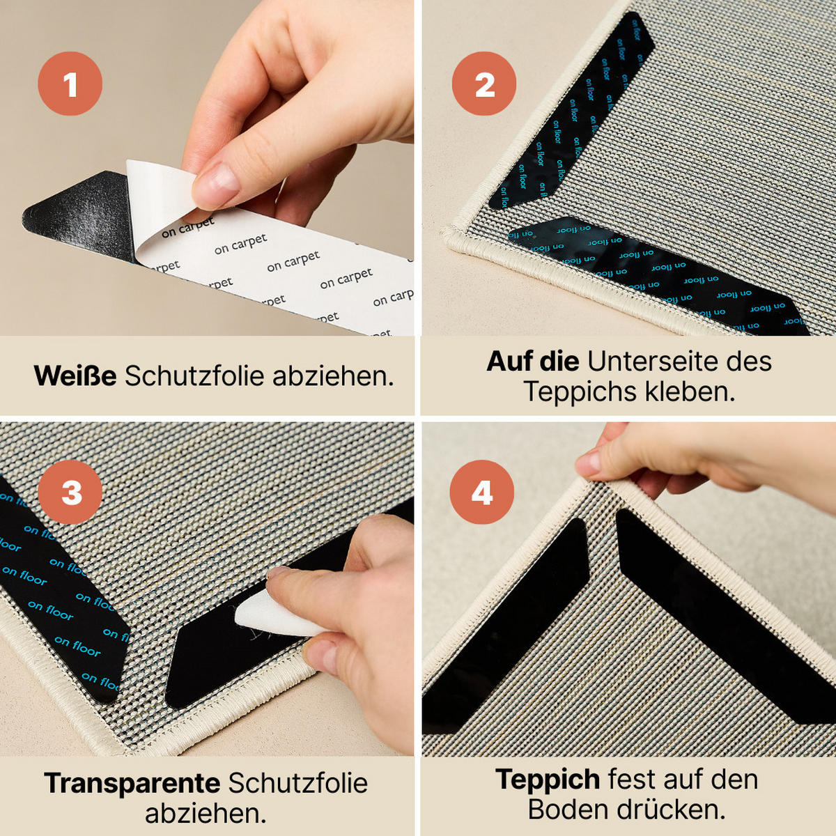 RUTSCHFESTE Teppichstopper 8er Set – selbstklebend, wiederverwendbar & unsichtbar, 180 x 30 mm - Schwarz, Kunststoff (3/18cm)