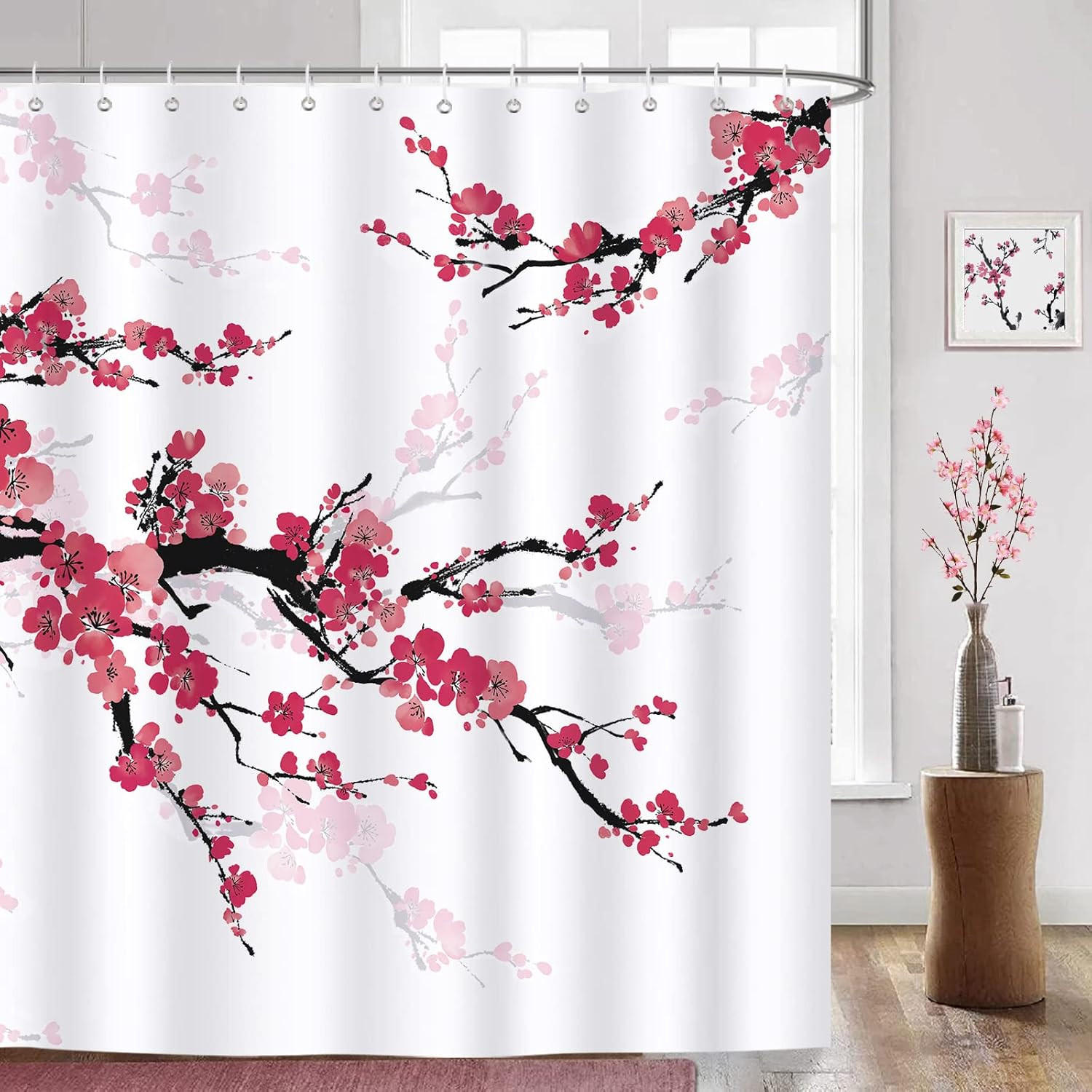 DUSCHVORHANG Rot Kirschblüte Blume Polyester schimmelresistent wasserdicht waschbar mit Haken - Multicolor, Textil (180/180cm) - MCBOSON