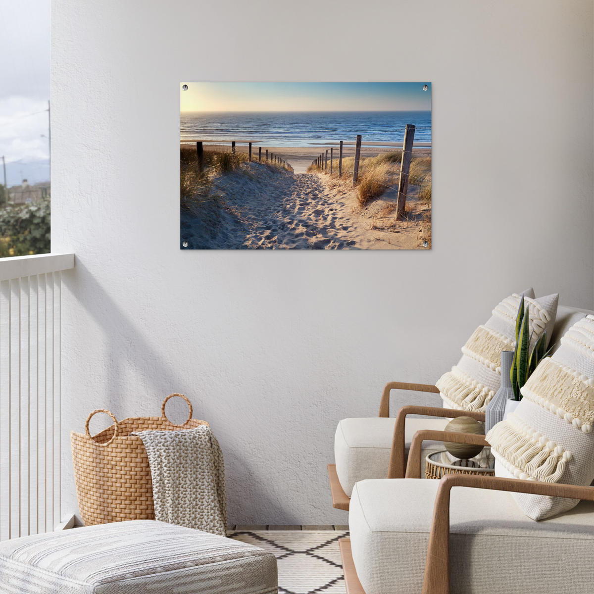 ZAHRADNÍ PLAKÁT Pláž - moře - Nizozemsko - duny - slunce 90x60 cm - písková barva, plast (90/60/0.2cm) - OnlyWow