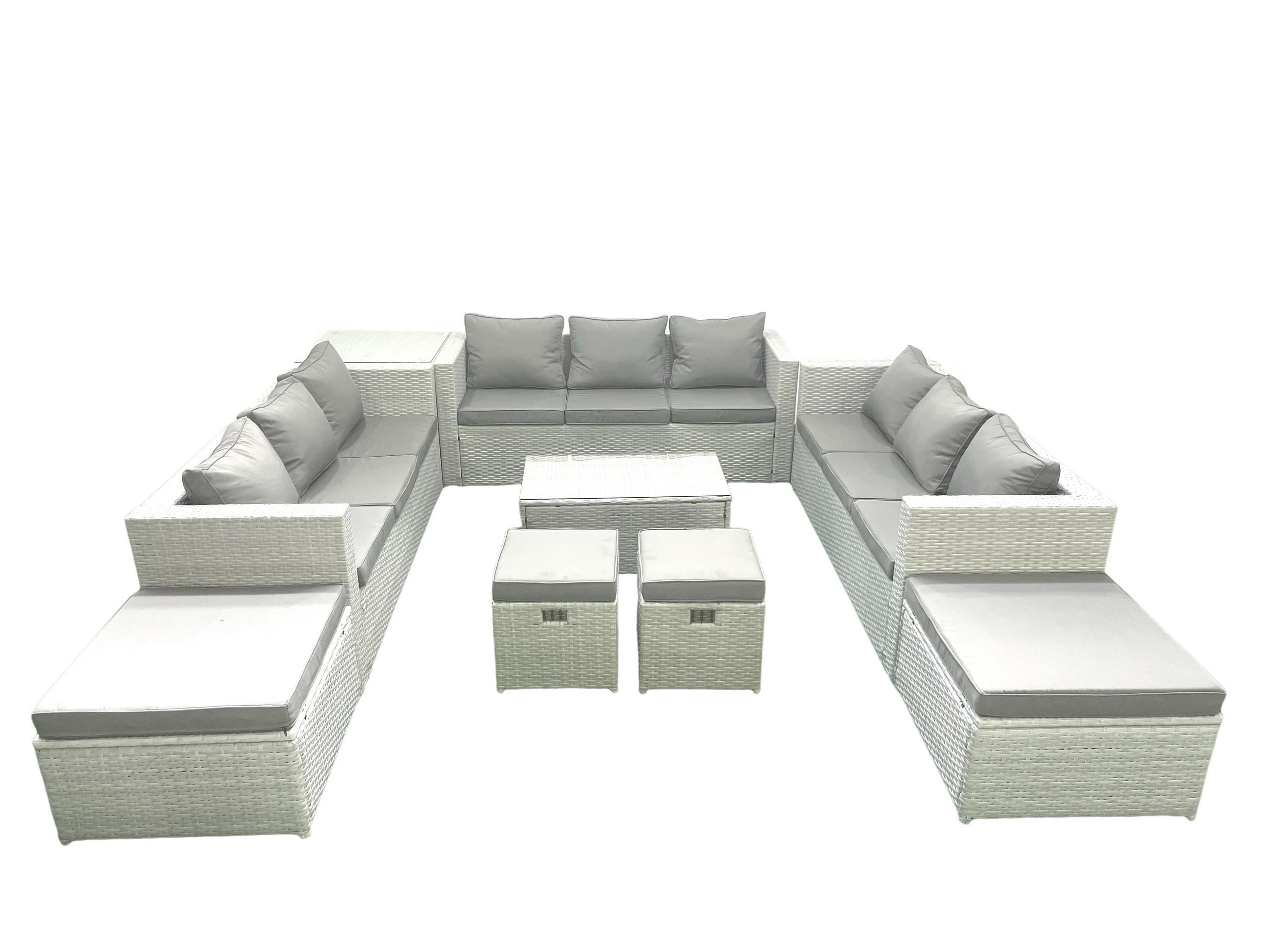 GARTENSET mit 3-SITZER SOFA,COUCHTISCH Polyrattan Hellgrau-Mix 13-Sitzer - Hellgrau/Grau, Glas/Kunststoff - Fimous