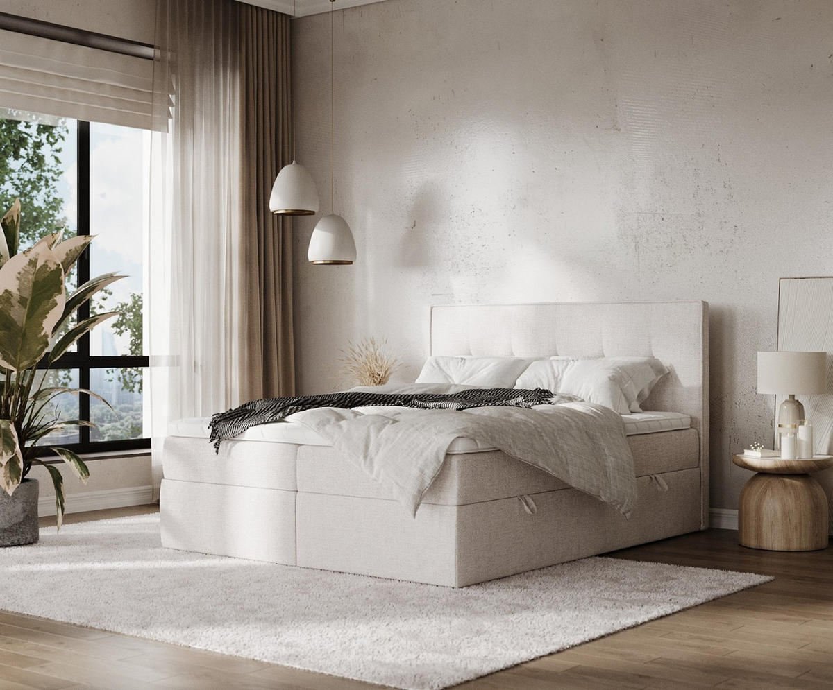 BOXBETT Mireo 200/200 cm Hellbeige im Neve Stoff - Sandfarben/Schwarz, Holz/Holzwerkstoff (200/200cm) - AltaBeds