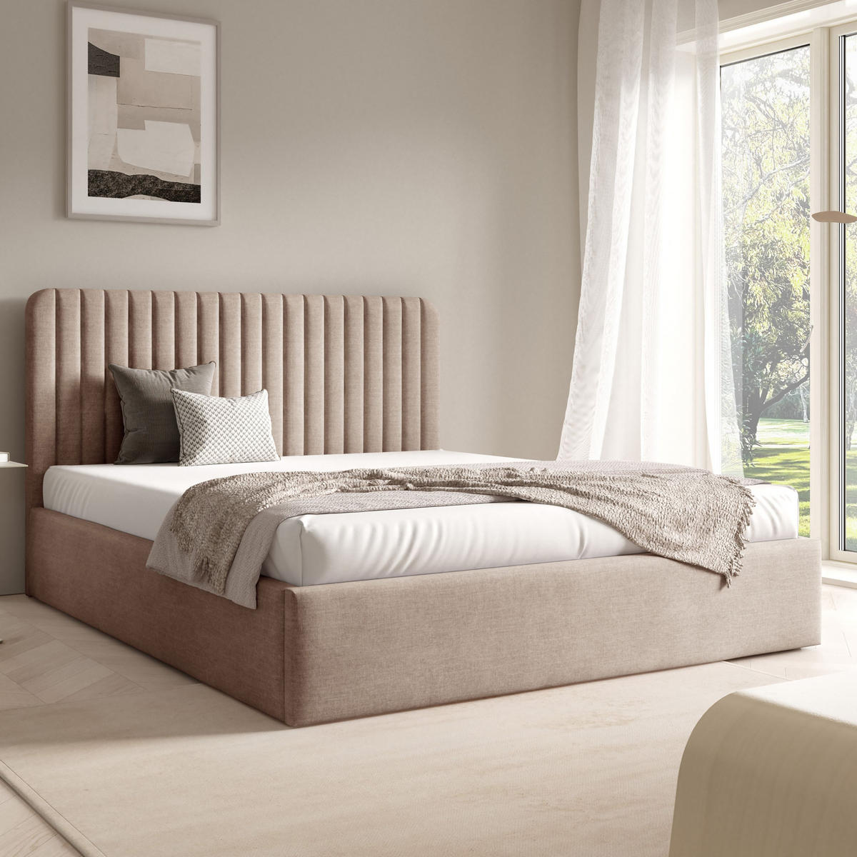 POLSTERBETT BEA II mit Bettkasten 180x200,Doppelbett mit Stauraum,Lattenrost,Boxspringbett-Optik,ohne Matratze-Dunkelbeige - Beige, Holz (180/200cm) - Furnistar
