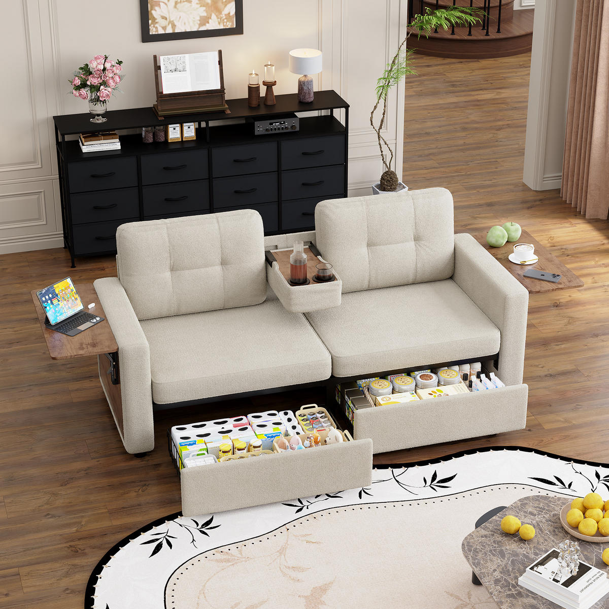 2-SITZER-SOFA mit Laptop-Tisch und Stauraum, DE-42611, Beige - Beige, Metall (178/57.5/71cm) - ComfortXL