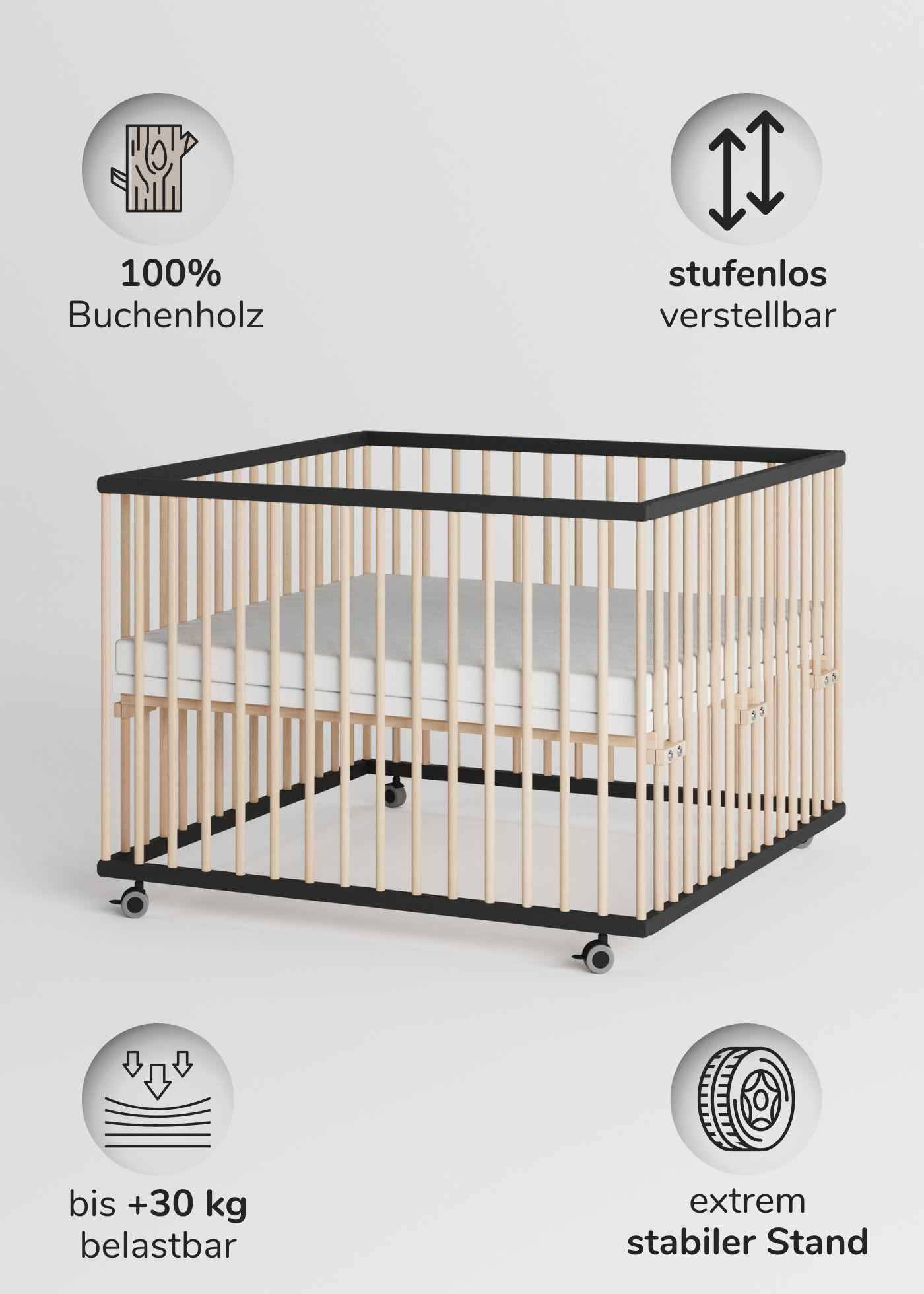 LAUFGITTER 100x100 cm mit Matratze - schwarz/natur - Premium Kollektion - Schwarz/Naturfarben, Holz (100/74/100cm) - Sämann – make a difference.