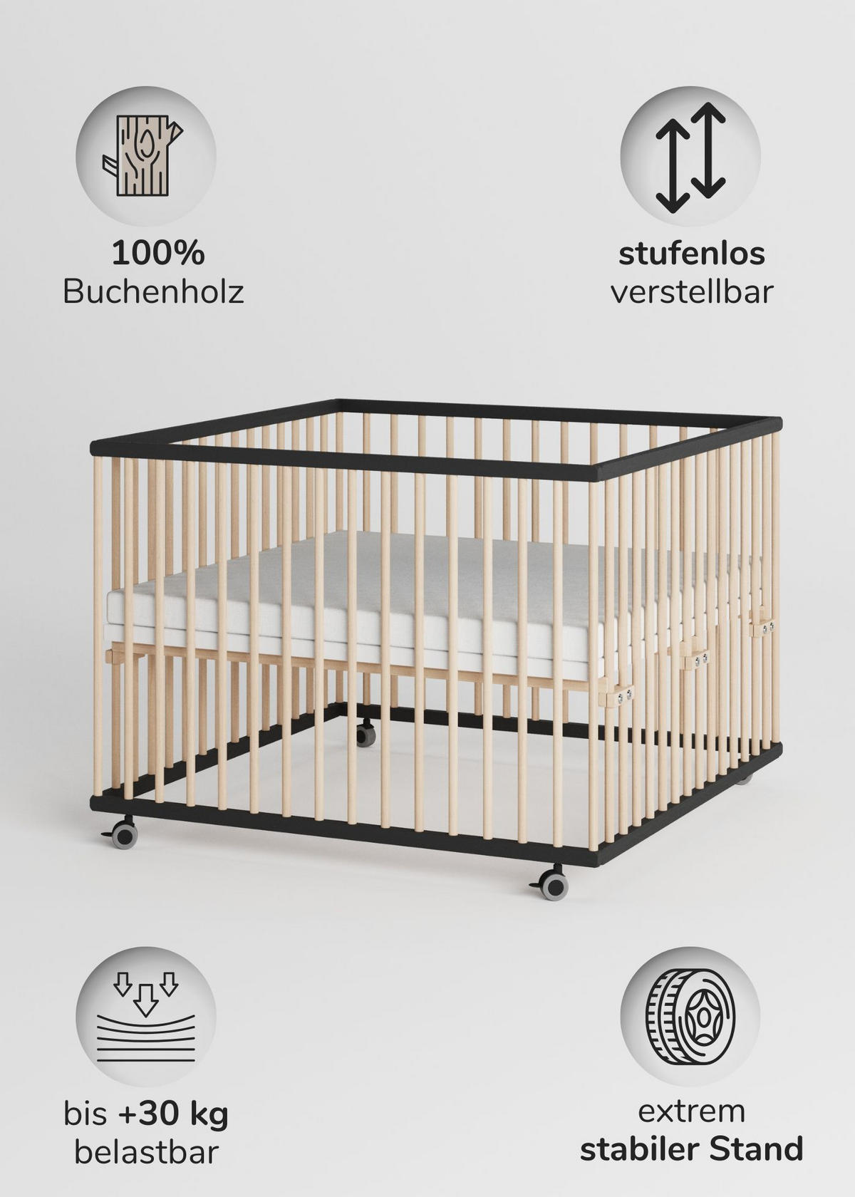 LAUFGITTER 100x100 cm mit Matratze - schwarz/natur - Premium Kollektion - Schwarz/Naturfarben, Holz (100/74/100cm) - Sämann – make a difference.