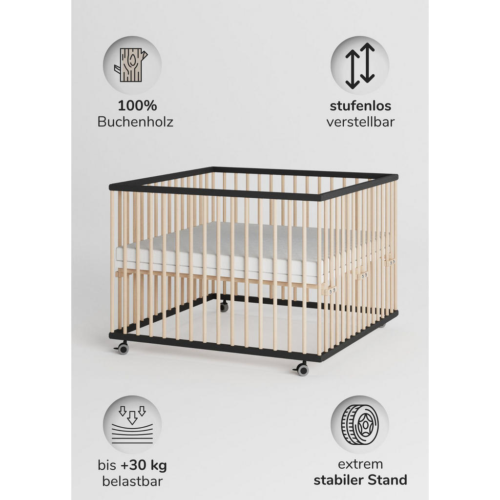 Thumbnail - Sämann – make a difference. Laufgitter, Schwarz, Natur, Holz, Echtholz,Buche, 100x74x100 cm, Babymöbel, Laufstall Baby