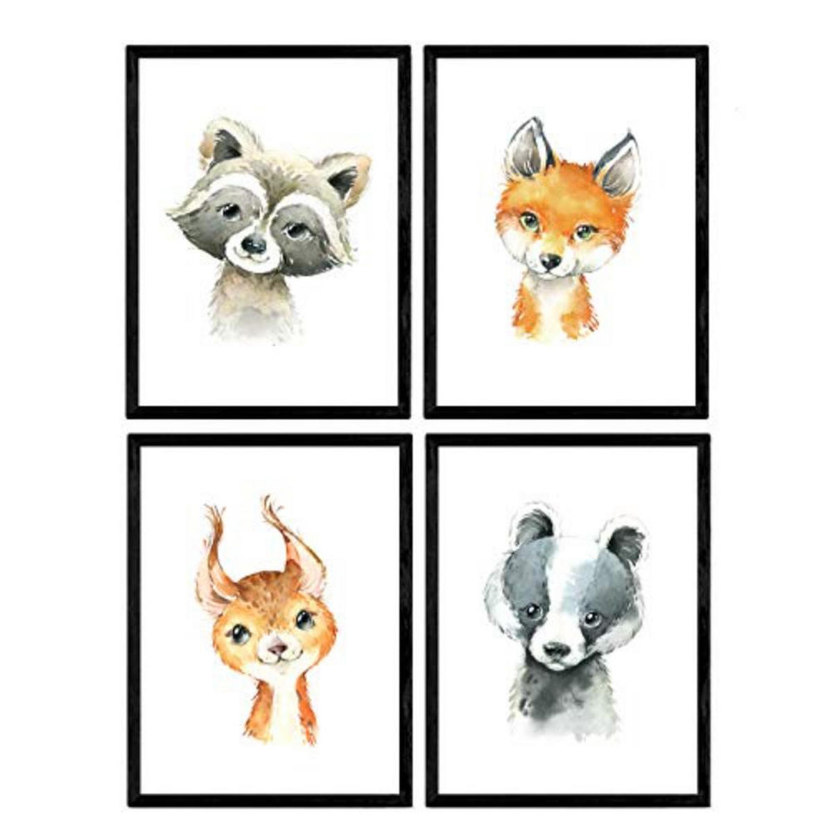 POSTER Set mit 4 Waschbär Stinktier Reh und Fuchs A4 Schwarzer Rahmen - Schwarz, Papier (29.7/3cm) - Nacnic