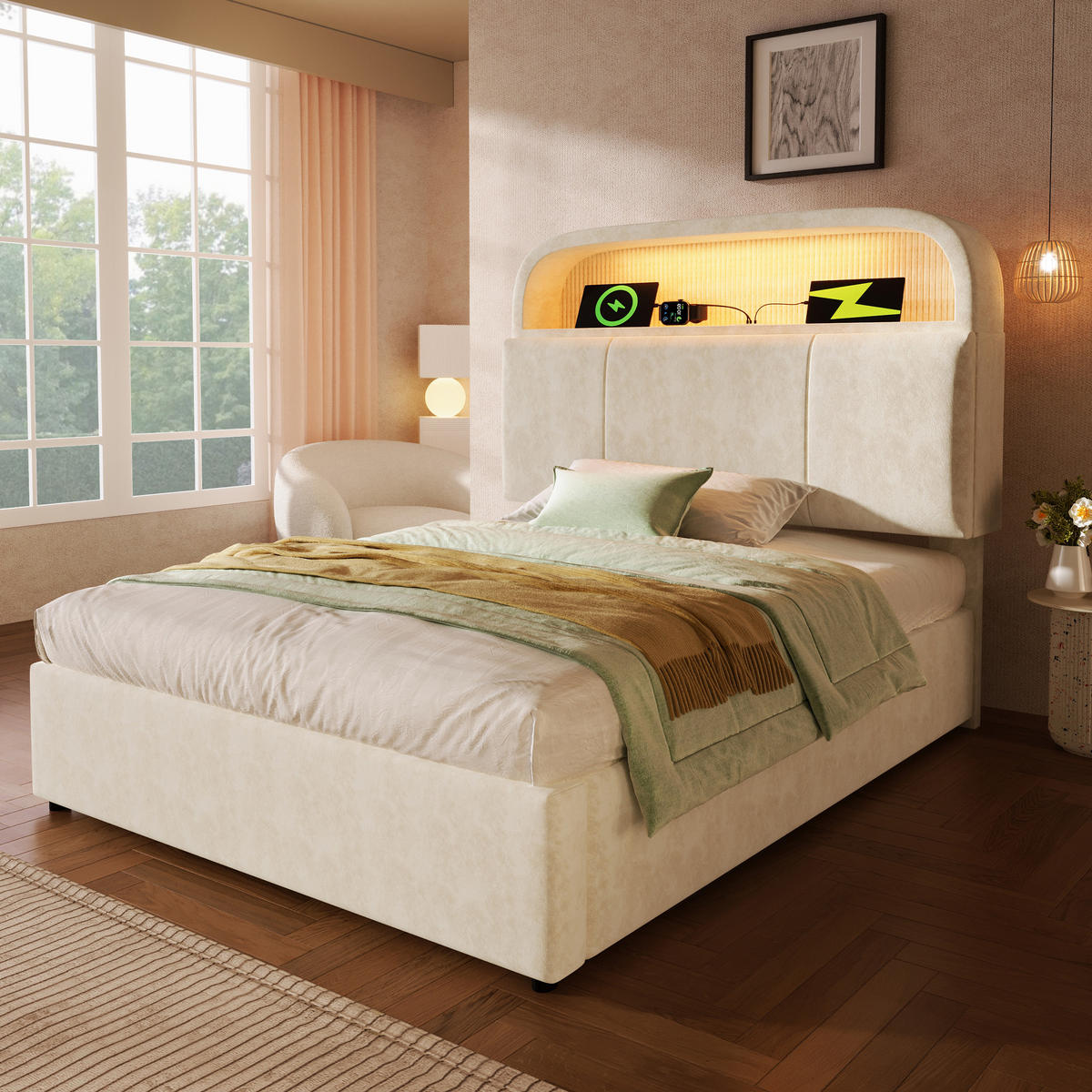 POLSTERBETT 90/200 cm Beiger mit Stauraum-Kopfteil und LED-Beleuchtung mit Matratze - Beige, Textil (90/200cm) - OKWISH