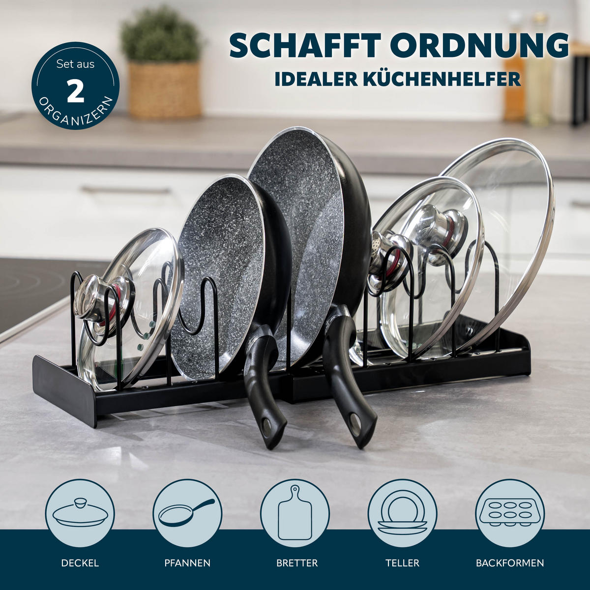 TOPFDECKELHALTER 2er Set, schwarz - Schwarz, Kunststoff - eluno