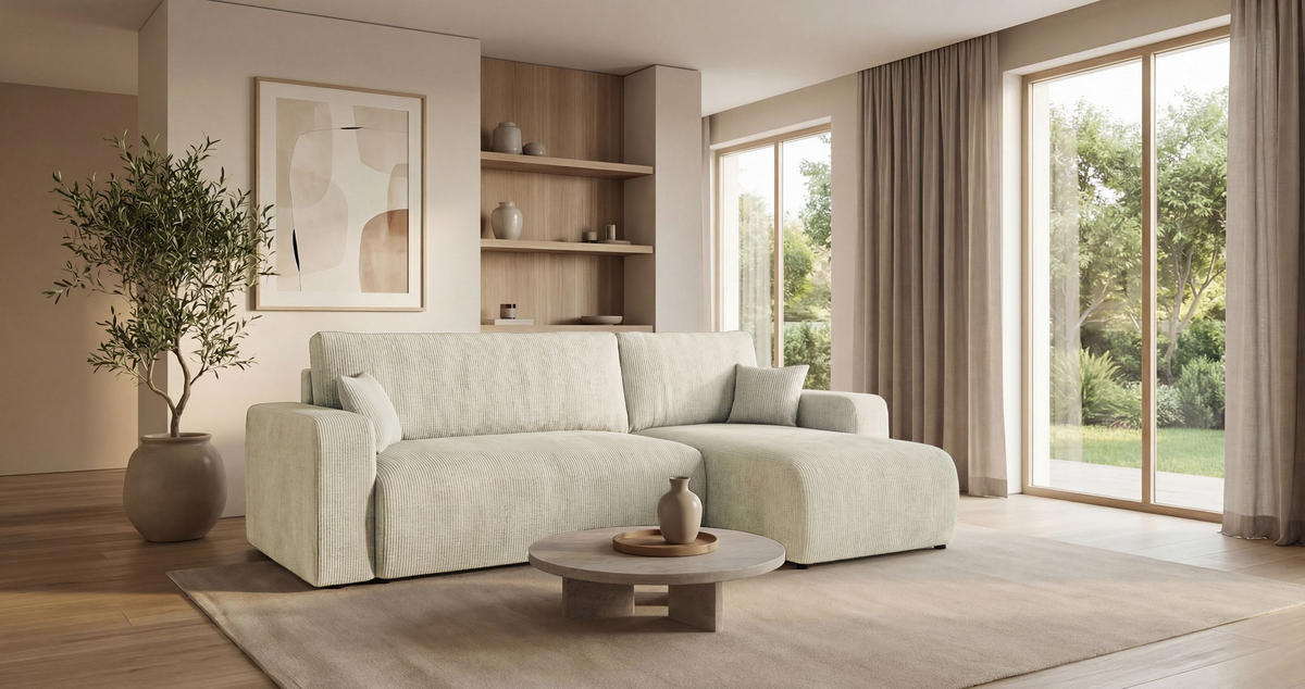 ECKSOFA PARIS rechts weiß Cord Poso 100 - Schlaffunktion, Bettkasten - Weiß, Textil (255/149cm) - Cornero