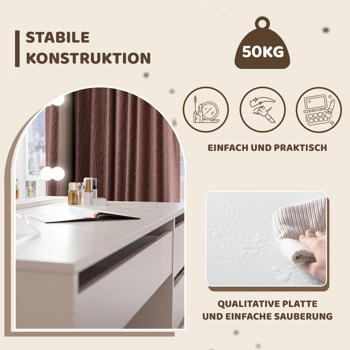 SCHMINKTISCH Bella Beige Cashmere 110 cm mit Spiegel und LED Beleuchtung - Kaschmir, Holzwerkstoff (110/77/55cm) - Idohome