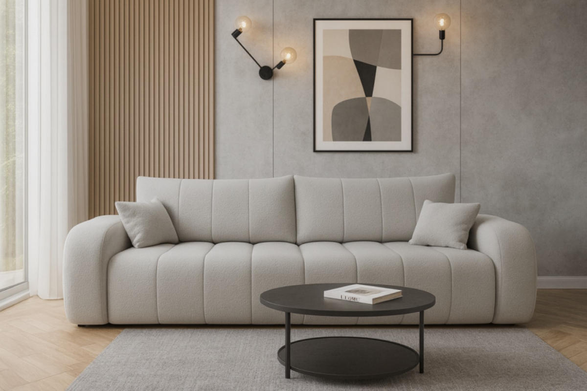 SOFA Hellgrau ALOO Ausziehbar Bezogen Mit Bouclé Stoff Und Dekokissen - Grau, Textil (248/88/105cm) - Sepro Meble