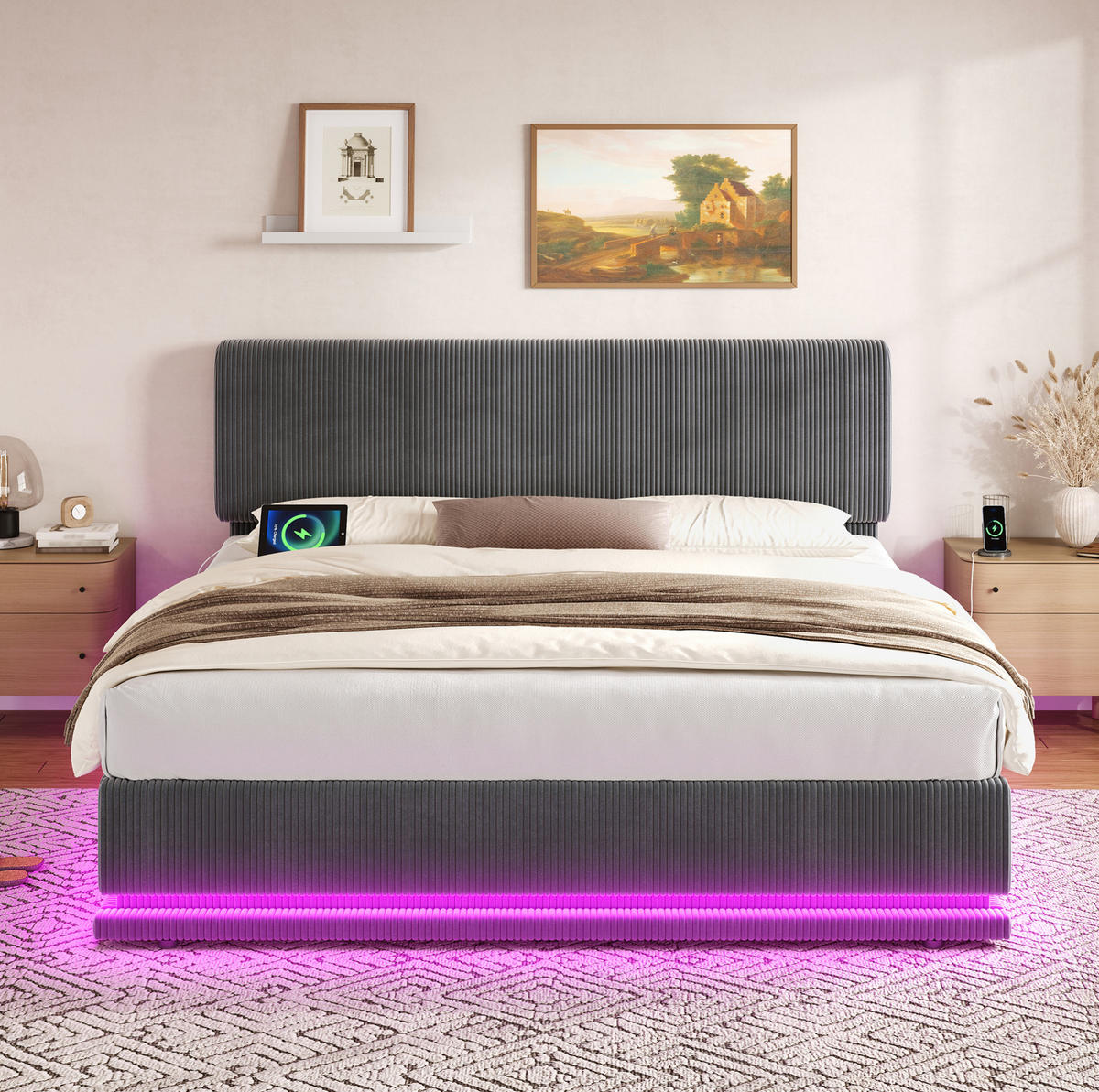 BETT mit LED und USB-C 160x200 cm Cord Dunkelgrau - Dunkelgrau, Metall (160/200cm) - Meubliv