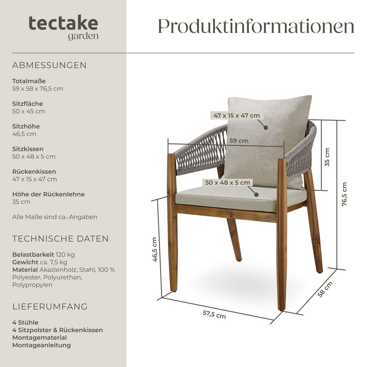 GARTENSTUHL Manacor, höhenverstellbare Kunststofffüße, greige - Greige/Braun, Holz (59/76.5/58cm) - tectake