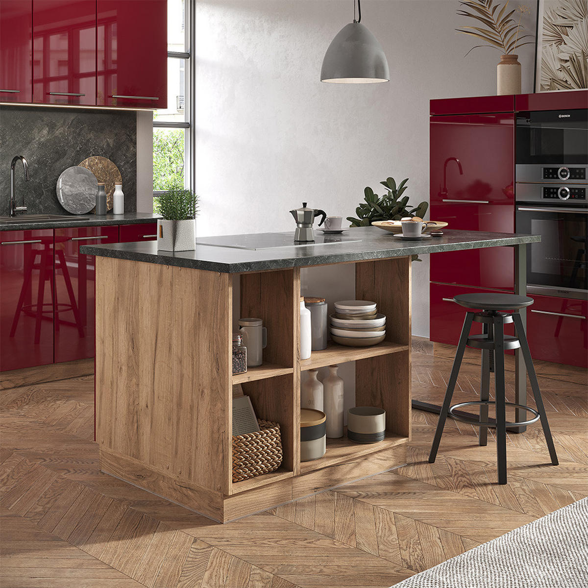 KÜCHENINSEL Fame-Line Bordeaux Hochglanz/Goldkraft Eiche 90 cm ohne AP - Honigeiche/Bordeaux, Holzwerkstoff (90/82/60cm) - Vicco