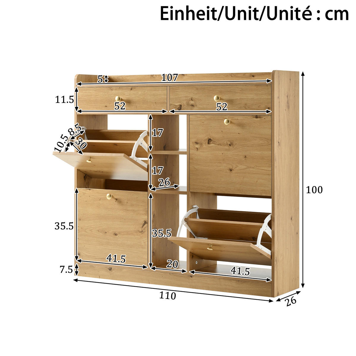 SCHUHSCHRANK 110/26/100 cm mit 4 Klapptüren, 2 Schubladen und 3 offenen Fächern, Natur - Naturfarben, Holzwerkstoff (110/100/26cm) - Redom