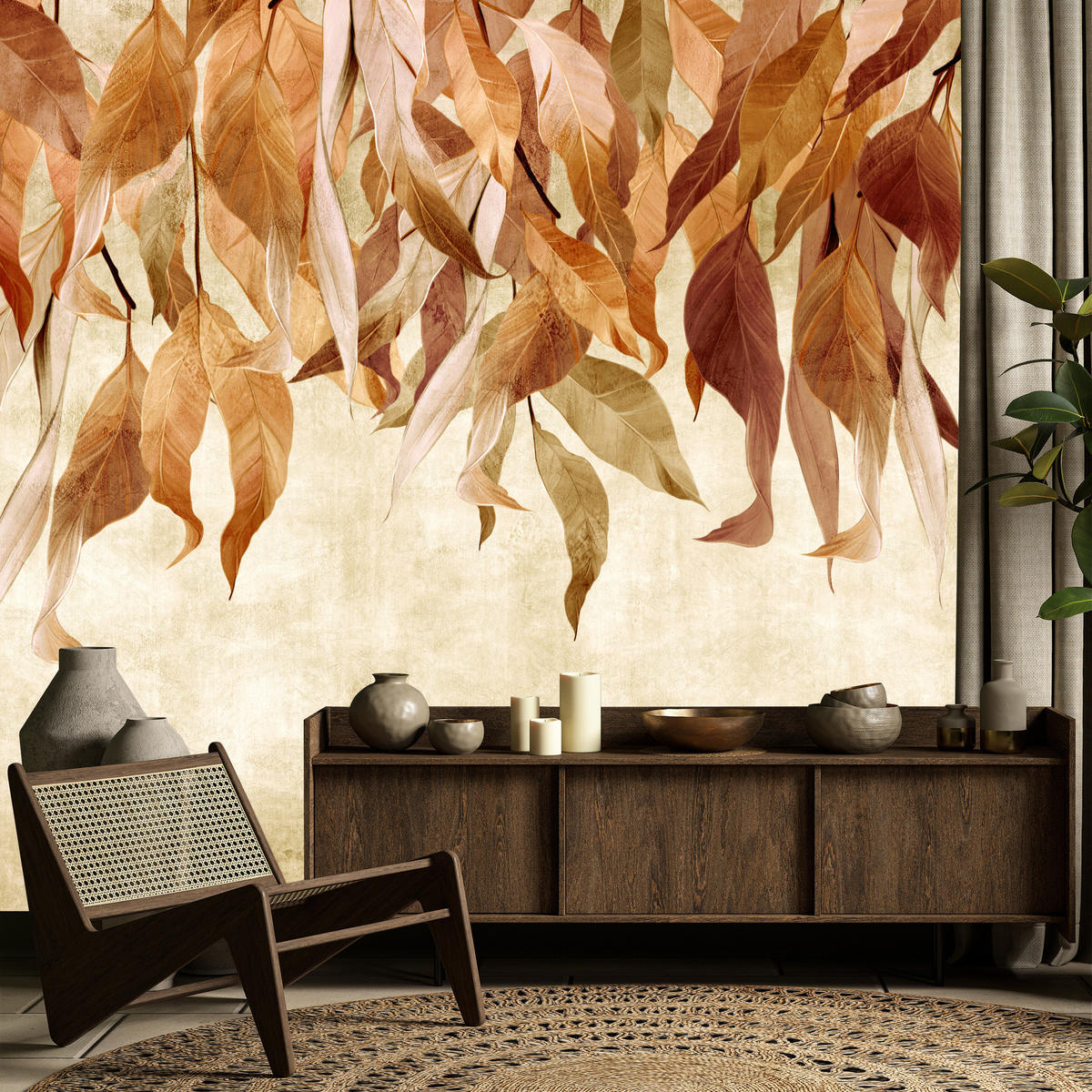 FOTOTAPETE Blätter Pflanzen Natur für Wohnzimmer 400x280 - Beige/Rot, Papier (400/280cm) - Muralo