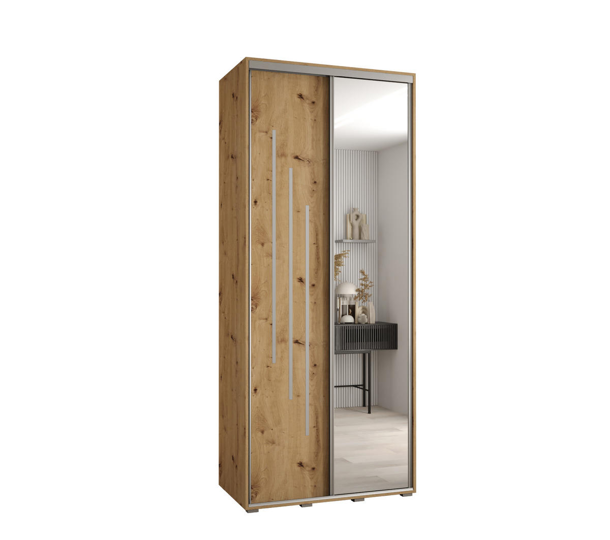 SCHWEBETÜRENSCHRANK 235,2/100/45 2-türig - Silberfarben/Eiche Artisan, Holz/Metall (100/235/45cm) - Abiks Möbel