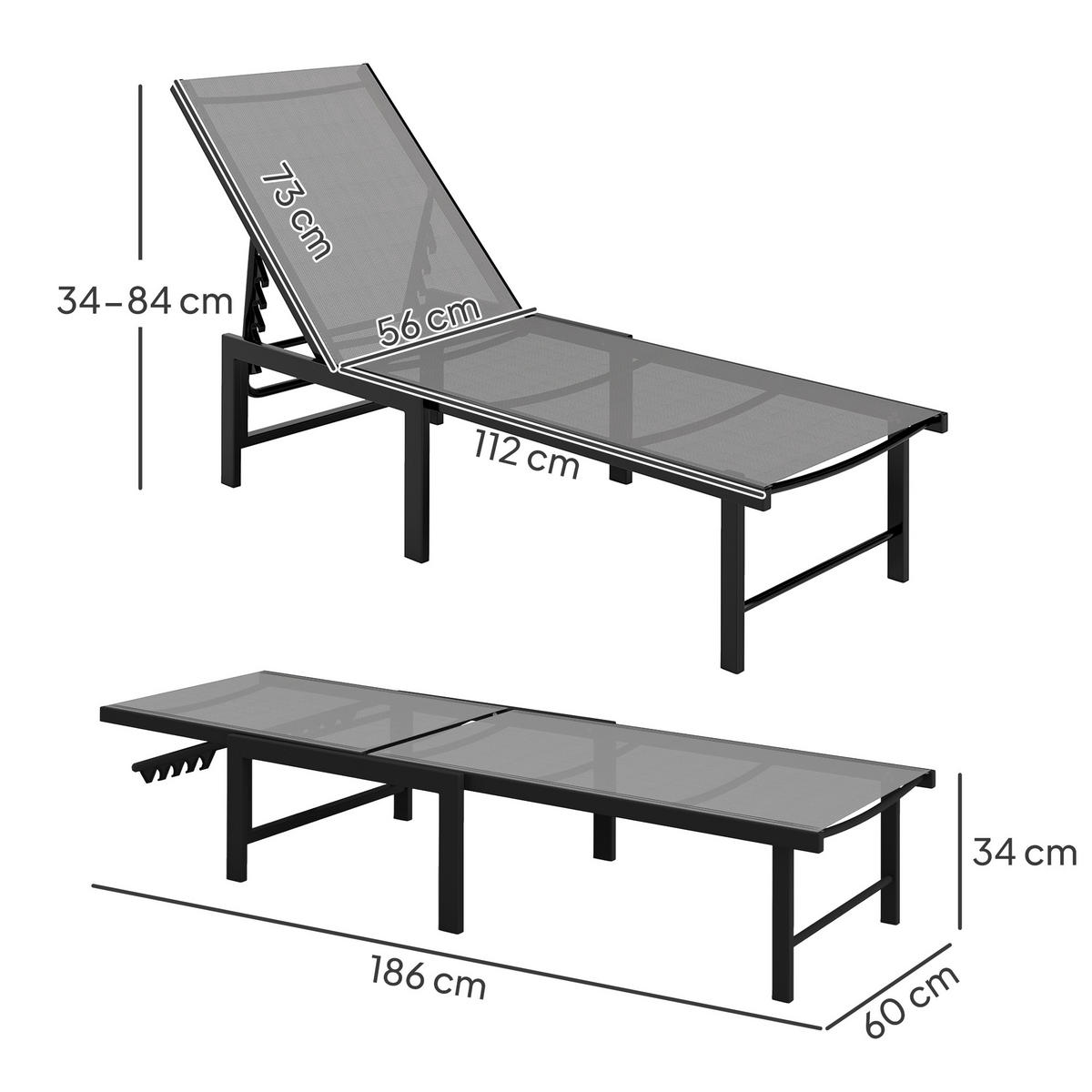 SONNENLIEGE Verstellbare Gartenliege mit 5-fach verstellbarer Rückenlehne und Stahlrahmen 166 x 60 x 84 cm ,Grau - Grau, Metall (60/84/166cm) - Vallsero