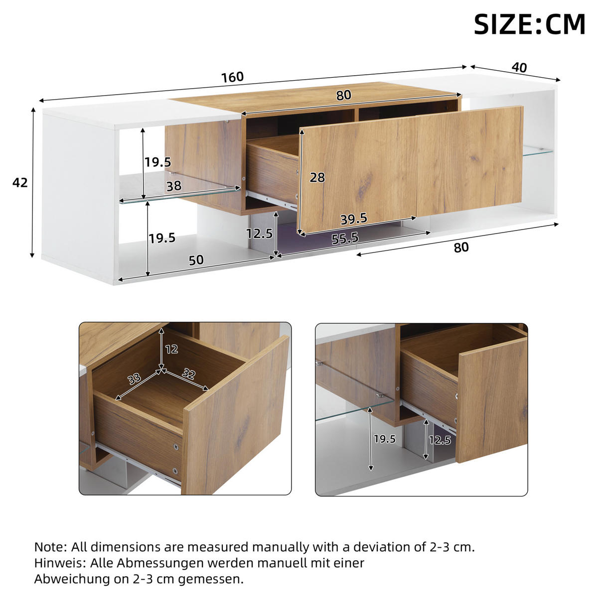 LOWBOARD 160/40/42 cm in Weiß und Eichefarben mit LED-Beleuchtung und 2 Schubladen - Hellbraun, Holzwerkstoff (160/42/40cm) - Flora Grace