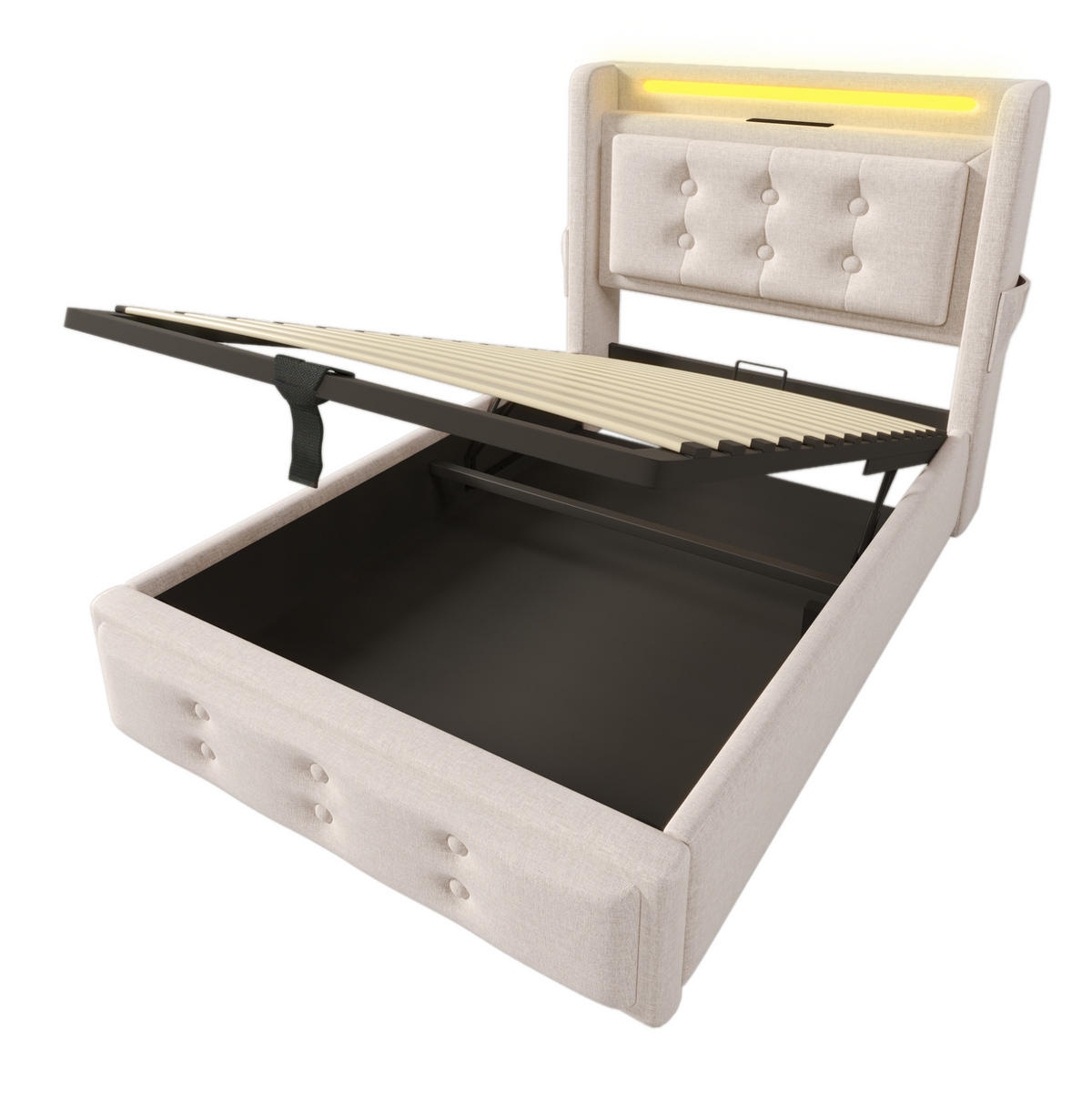 POLSTERBETT 90/200 cm Beige mit Stauraum, LED-Beleuchtung und USB- und Type-C-Anschlüssen - Beige, Textil (90/200cm) - Flora Grace