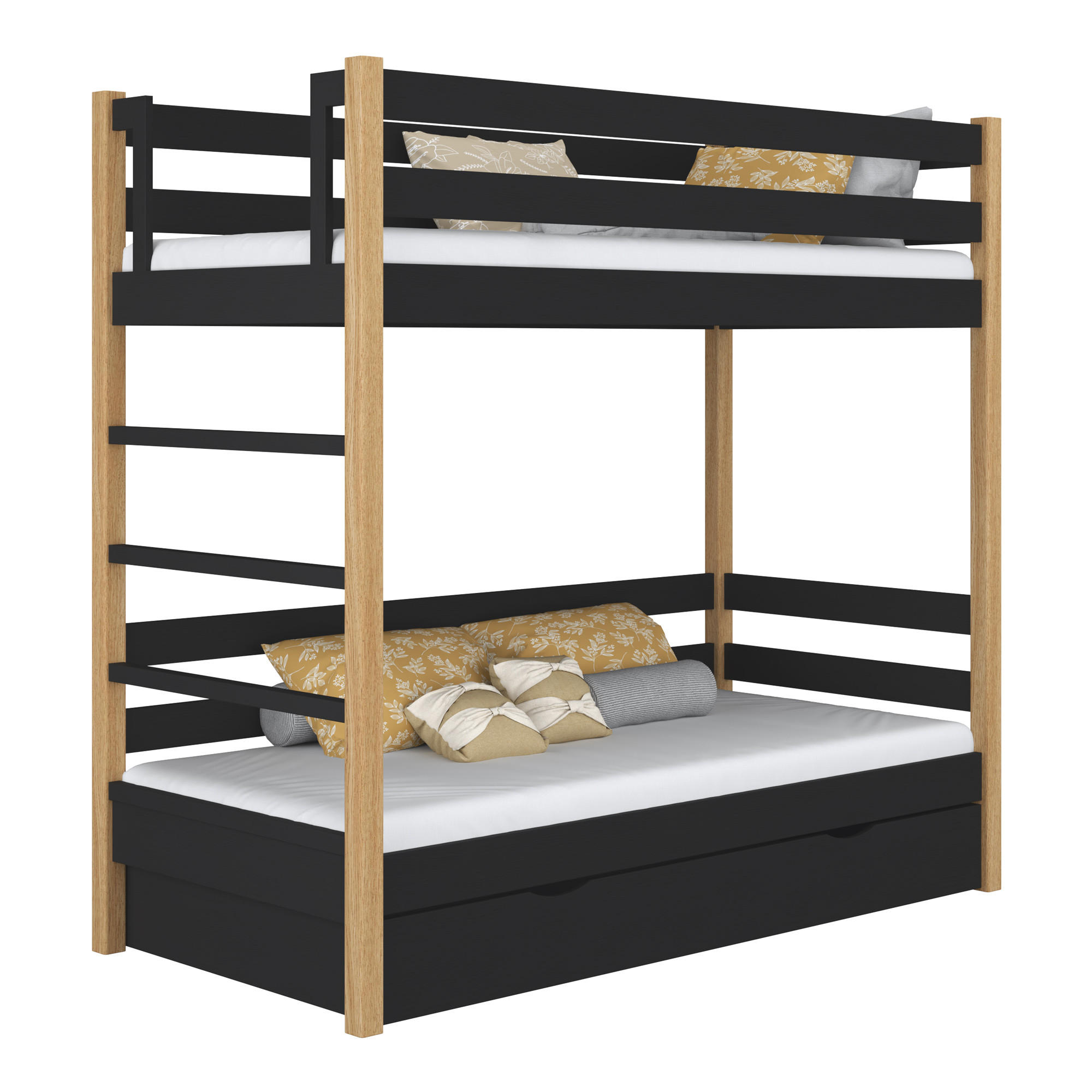 ETAGENBETT N03 mit Schublade Schwarz / Eiche Natur 100/180 - Schwarz/Eiche Artisan, Naturmaterialien/Holz (100/180cm) - N-Wood