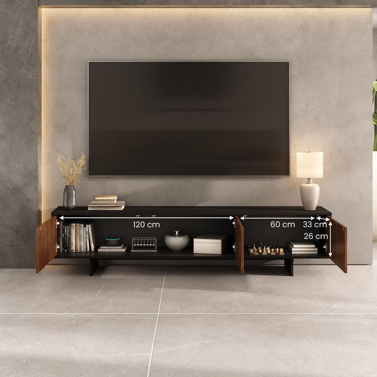 LOWBOARD ARTO - Kastanienfarben/Schwarz, Holz (184/42/39cm) - IDIMEX