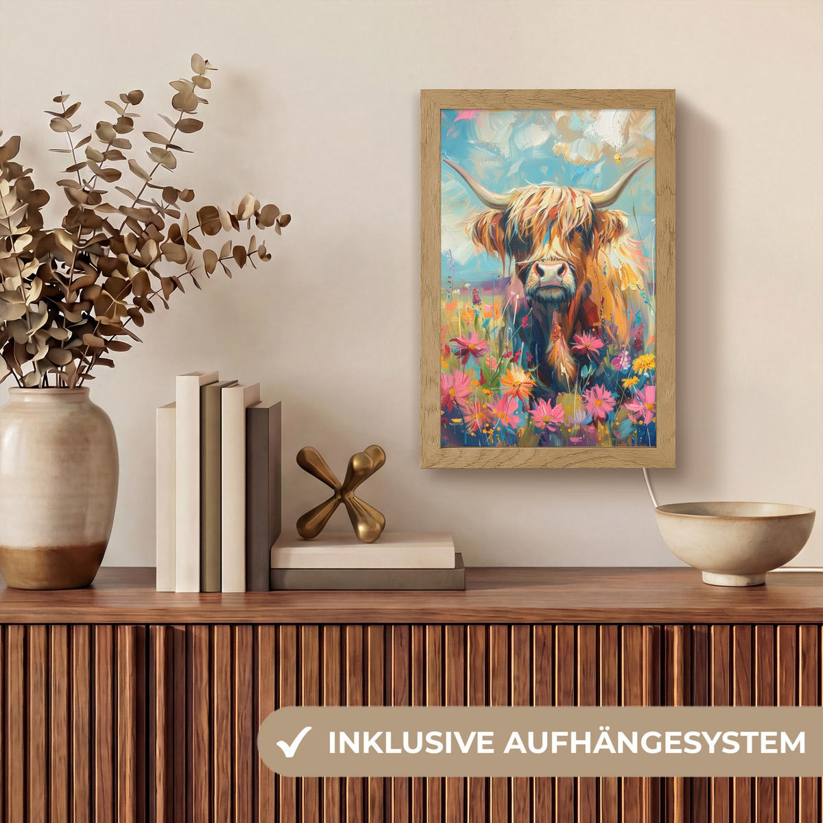 NÁSTĚNNÁ LAMPA Skotský horal - Příroda - Barevné - Květiny 20x30 cm - různobarevná, kompozitní dřevo (20/30/8cm) - OnlyWow