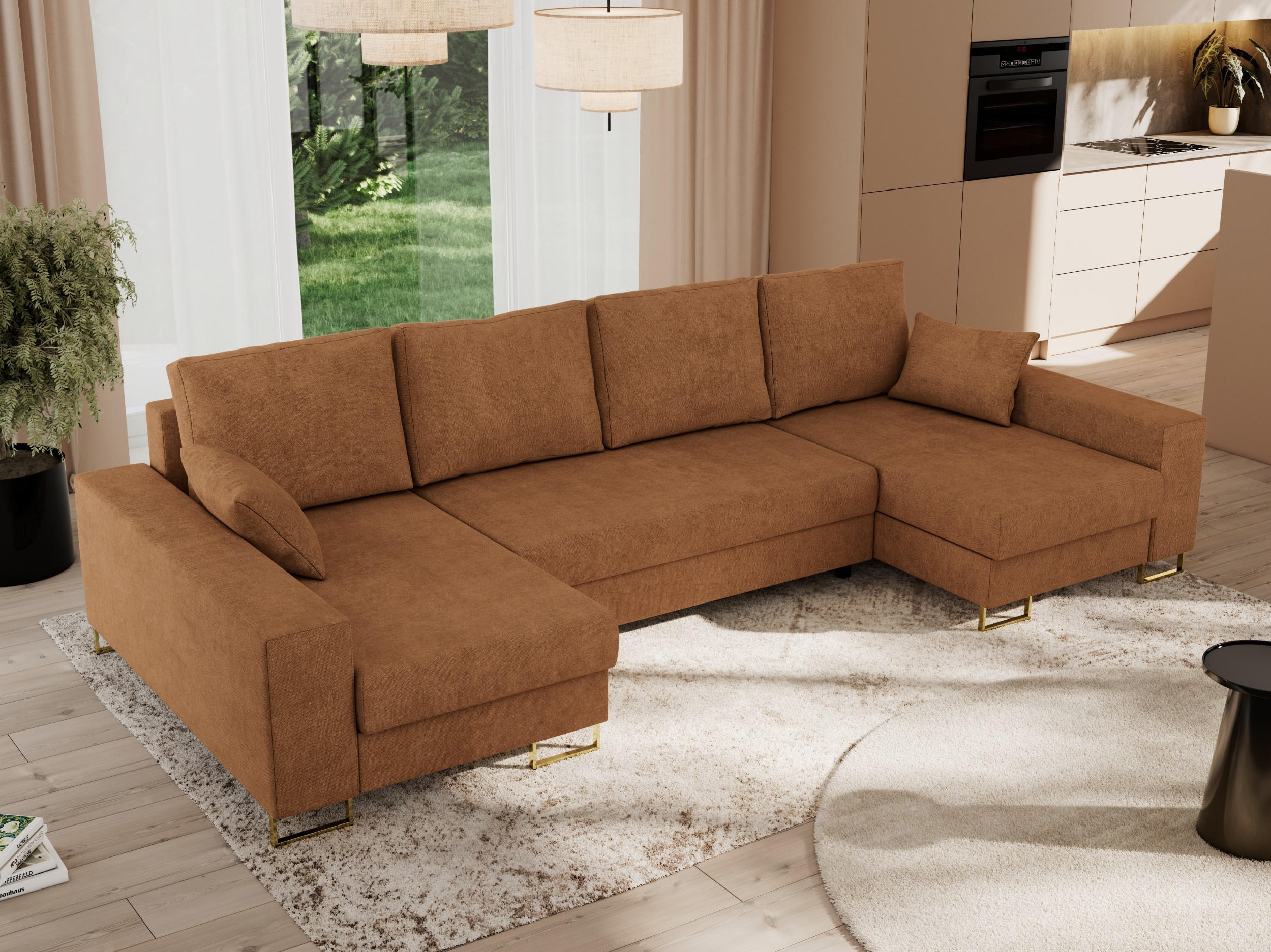 WOHNLANDSCHAFT DORIAN U Struktur Orange - Goldfarben/Orange, Textil/Metall (312/95/138cm) - MKS
