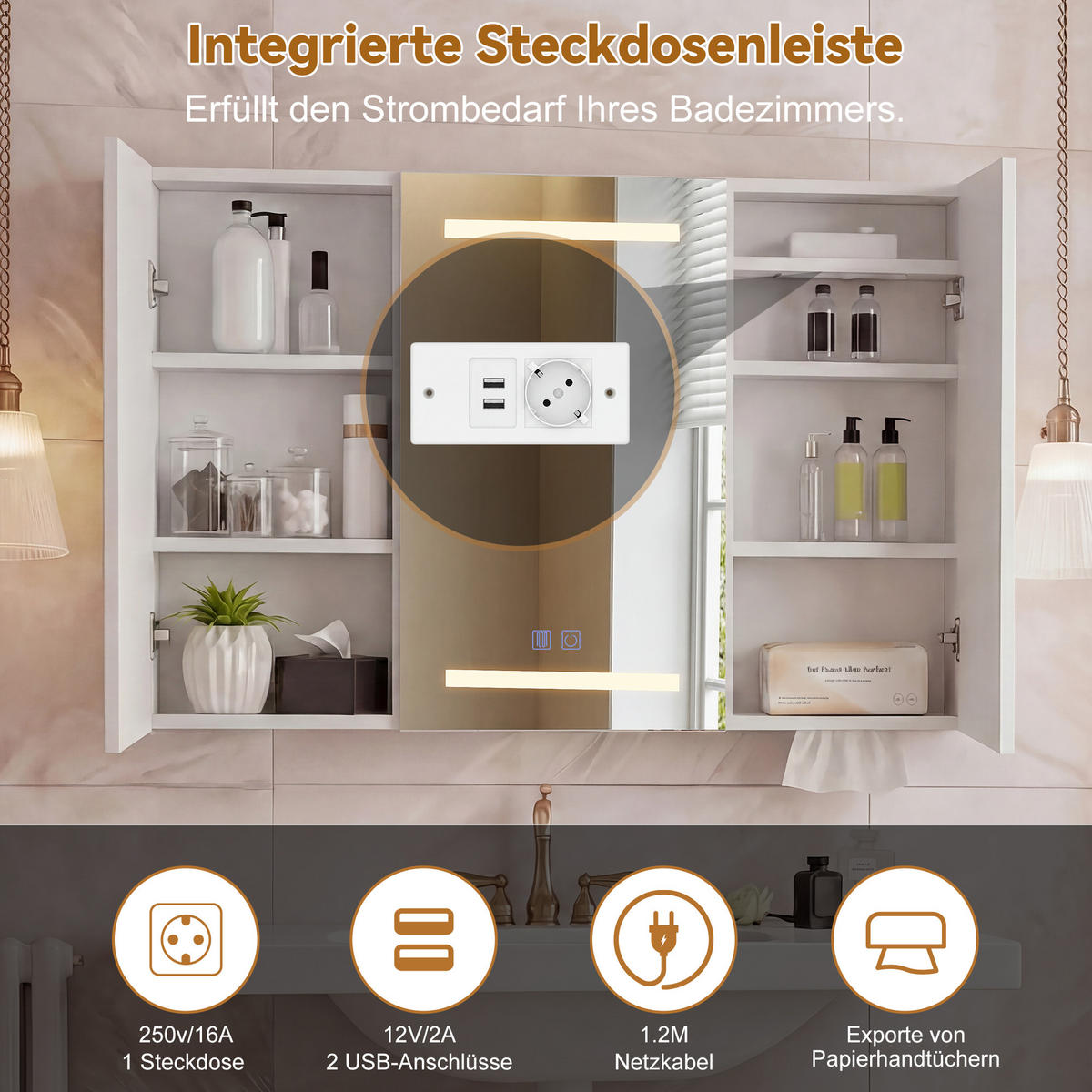SPIEGELSCHRANK | Steckdose,Papierschlitz,3-LED,Antibeschlag,verstellbar - Silberfarben/Weiß, Glas/Holzwerkstoff (13.5/60/100cm) - SHOPENTRA